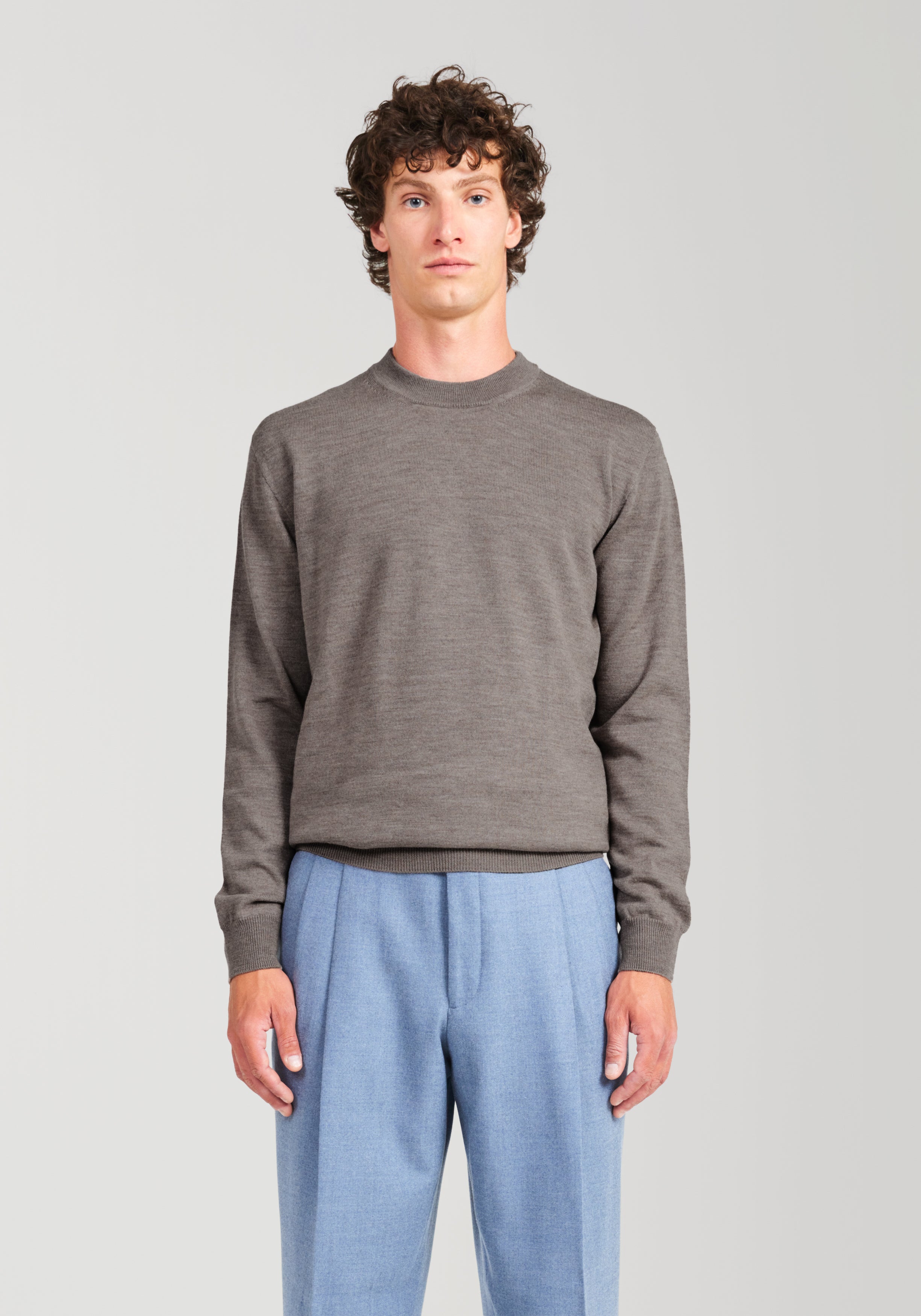 2 Ply Merino Crew Neck Sweater - Taupe Melange