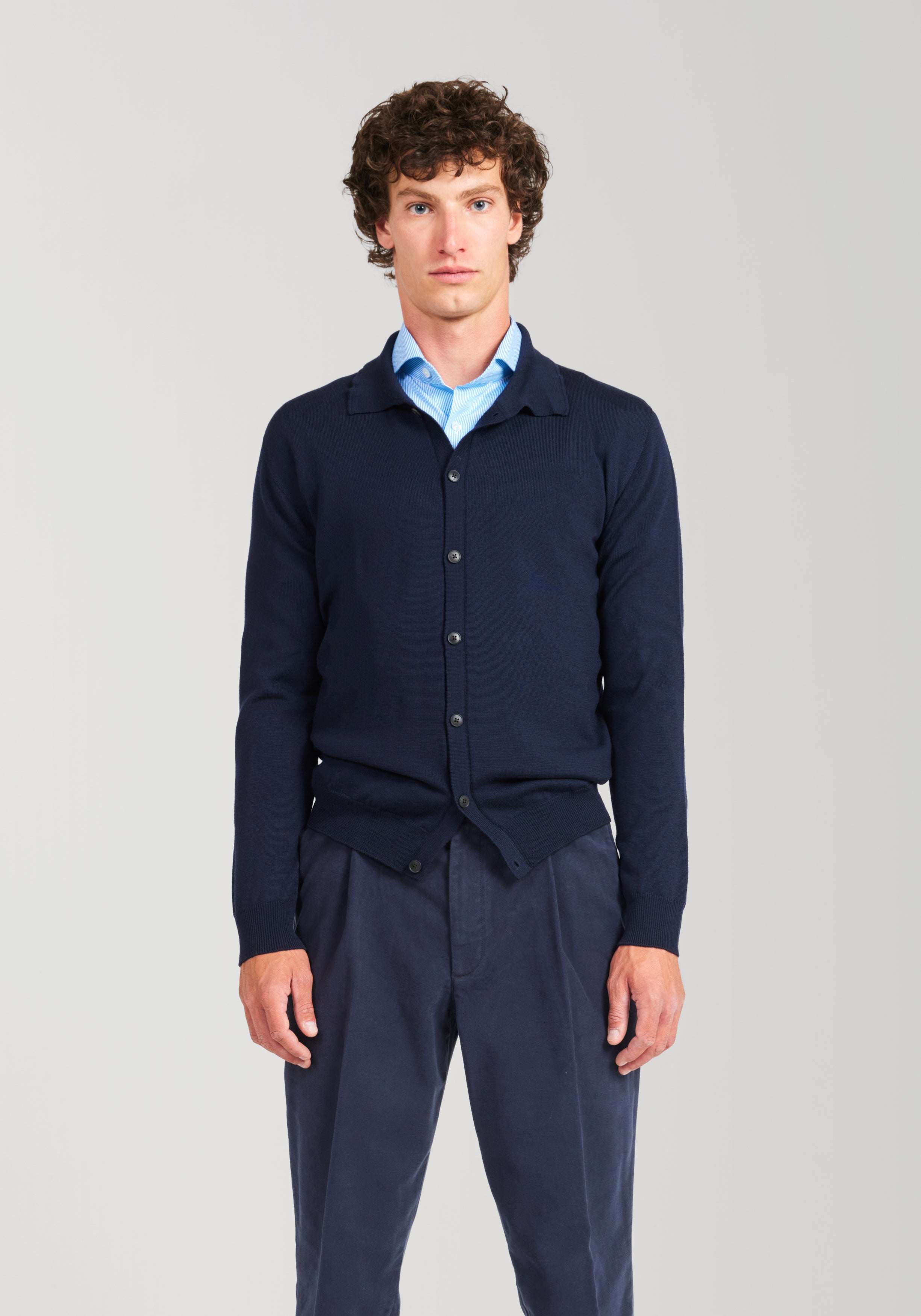 2 Ply Merino Collared Cardigan - Midnight Blue