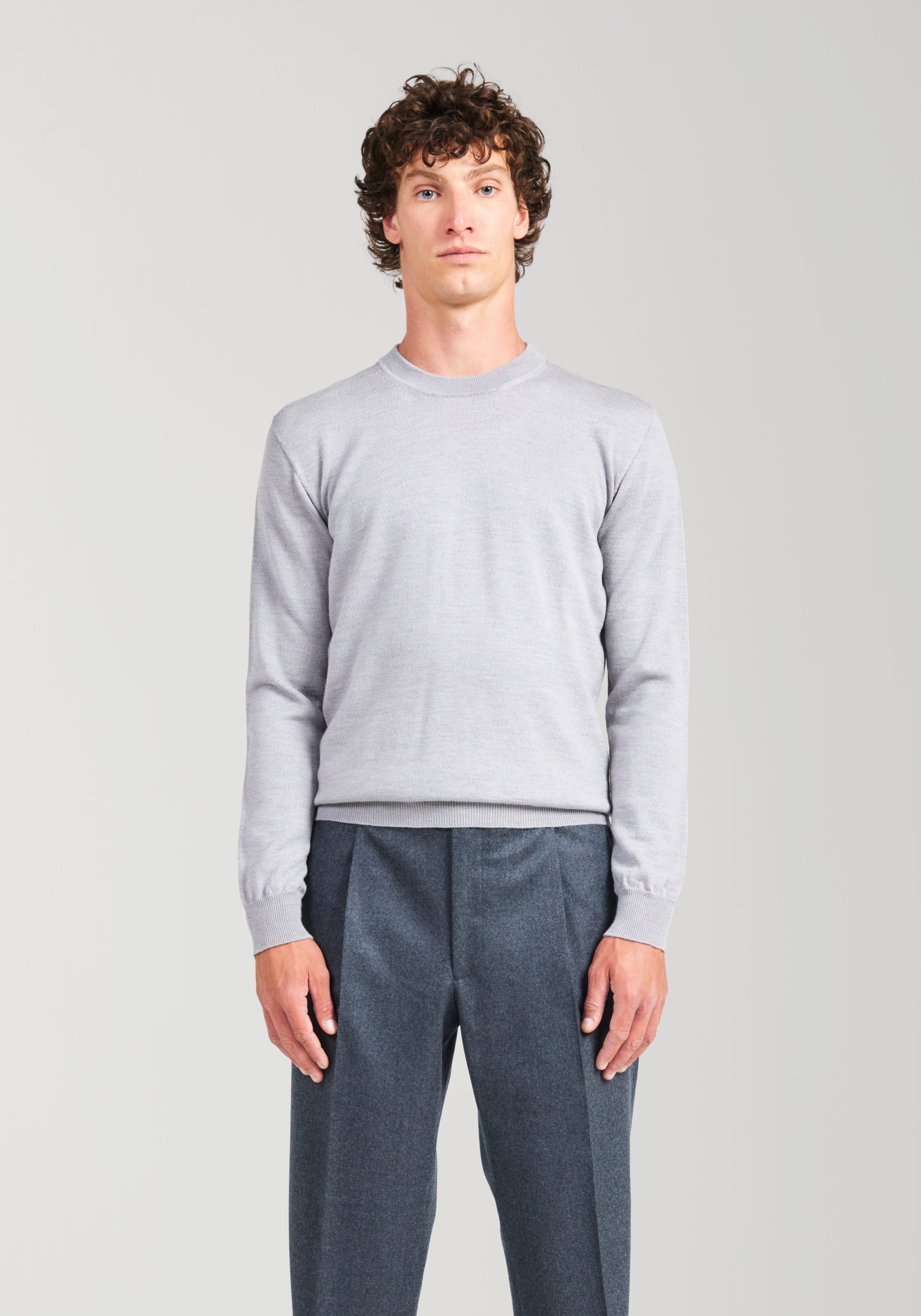 2 Ply Merino Crew Neck Sweater - Light Grey Melange