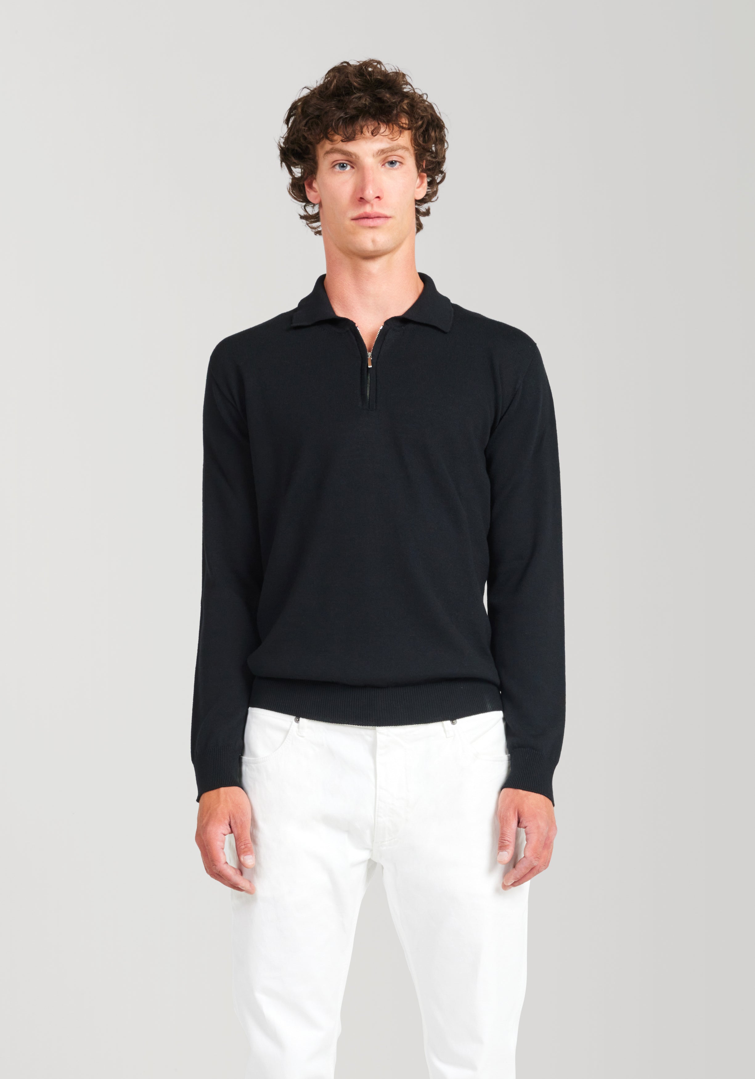 2 Ply Merino Zip Polo - Black