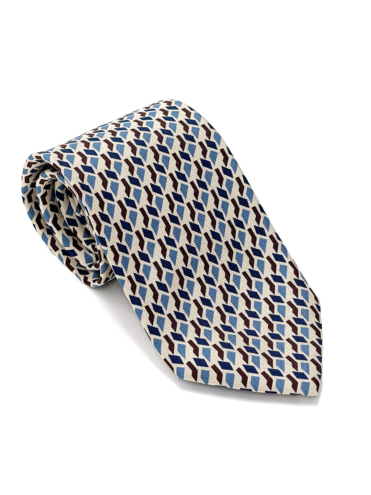 Print Tie - Mid Blue, Beige & Brown Abstract