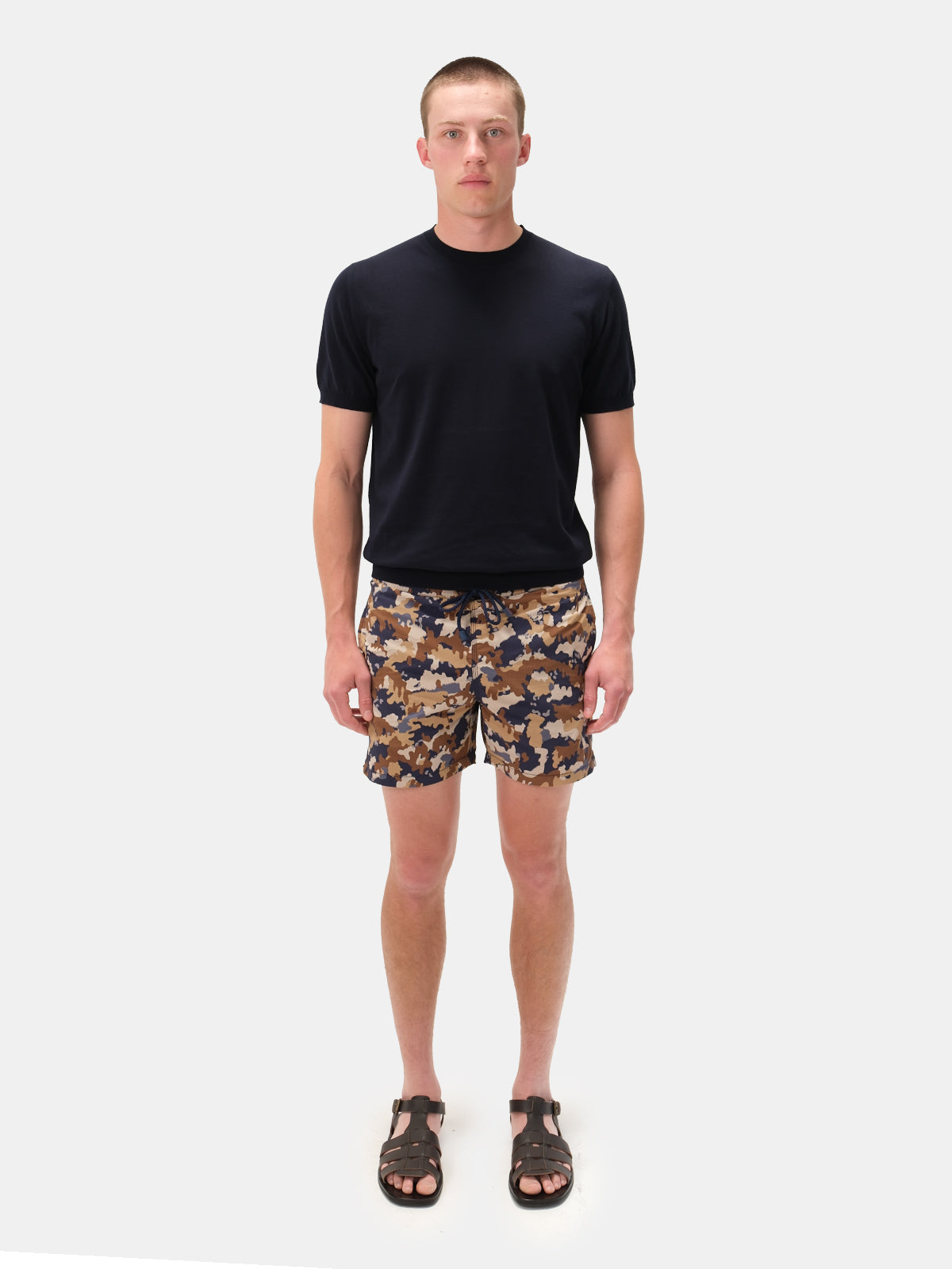 Beige Camouflage Printed Swim Shorts