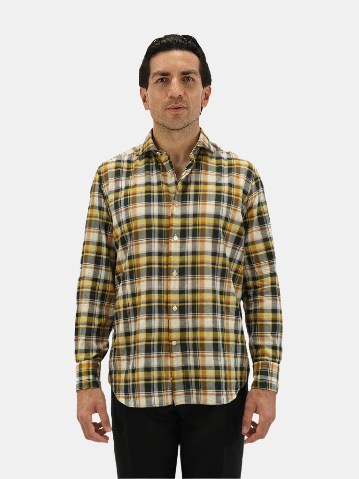 Spread Collar Shirt - Black & Yellow Madras