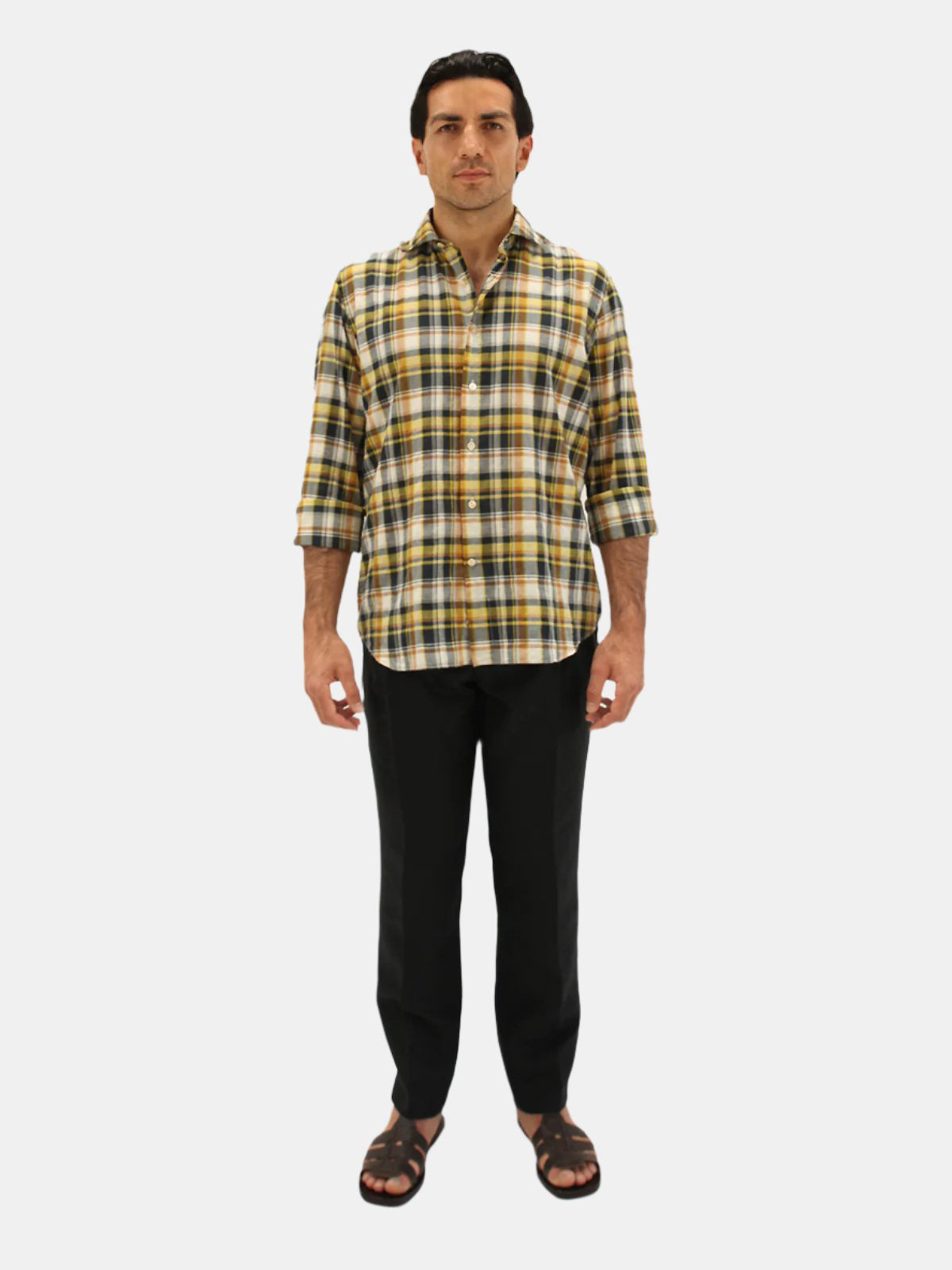Spread Collar Shirt - Black & Yellow Madras