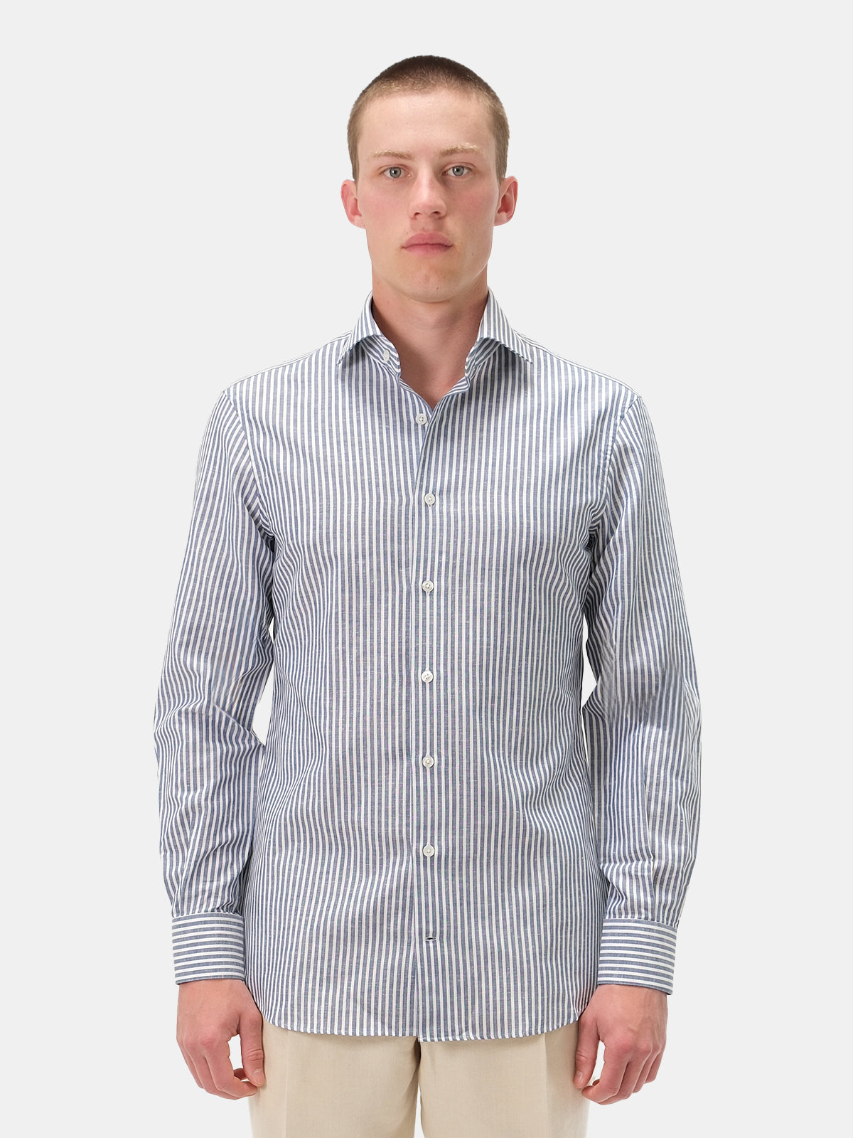 Chambray Cotton Linen Blend Cutaway Collar Shirt - Deep Blue Candy Stripe