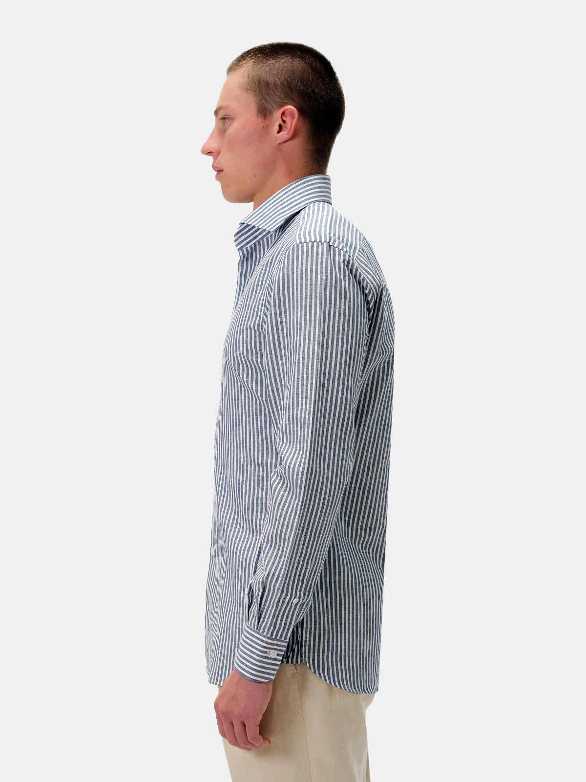 Chambray Cotton Linen Blend Cutaway Collar Shirt - Deep Blue Candy Stripe