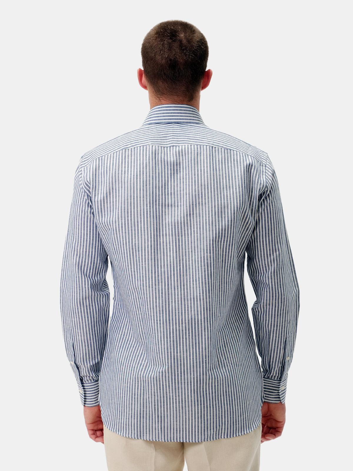 Chambray Cotton Linen Blend Cutaway Collar Shirt - Deep Blue Candy Stripe