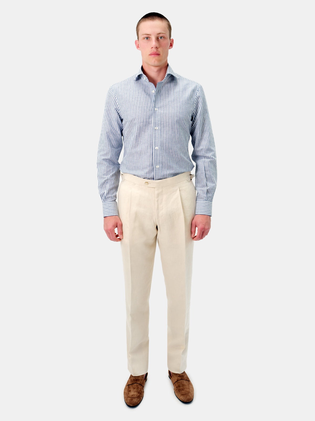 Chambray Cotton Linen Blend Cutaway Collar Shirt - Deep Blue Candy Stripe