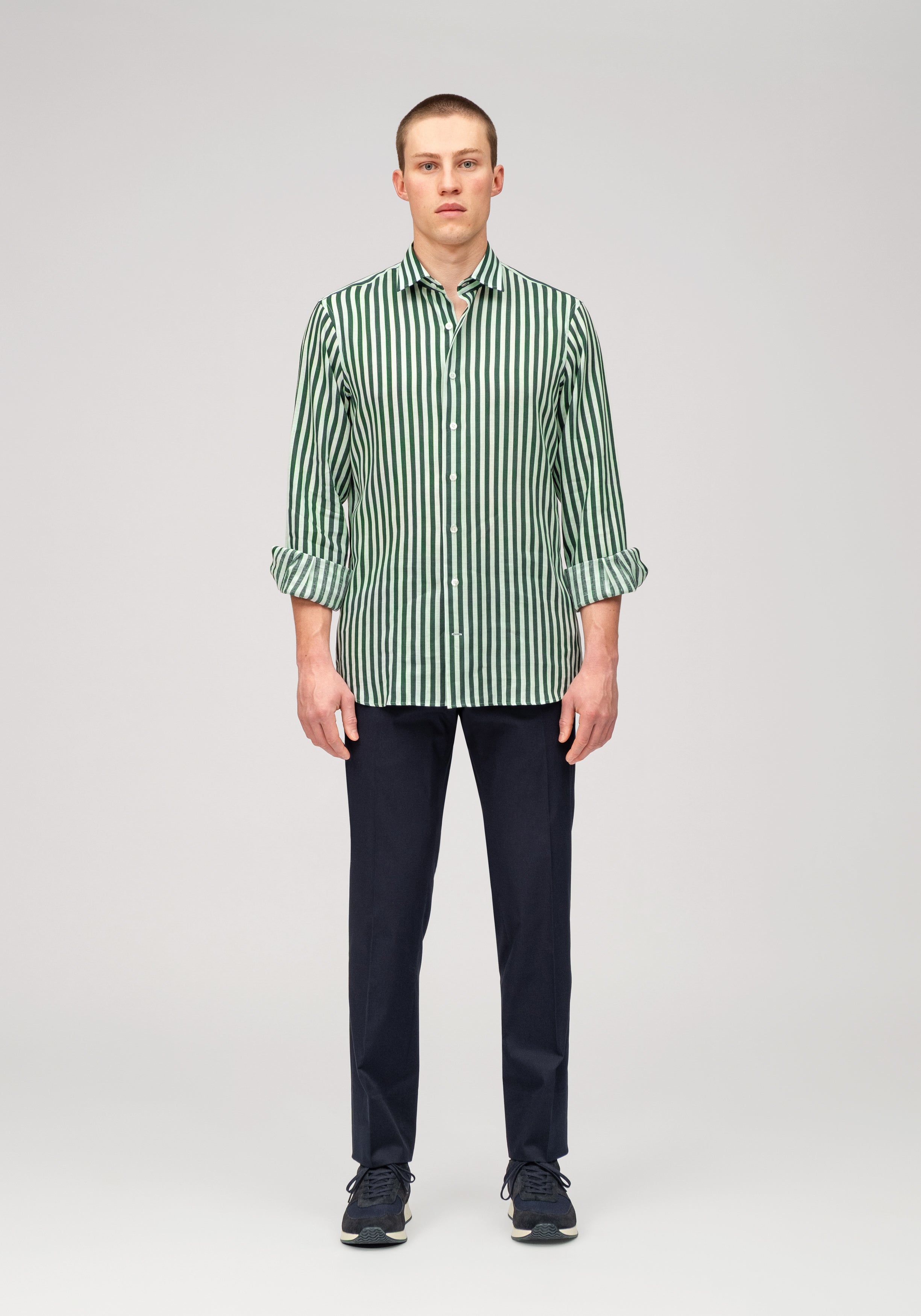 Linen Block Stripe Shirt - Green & White