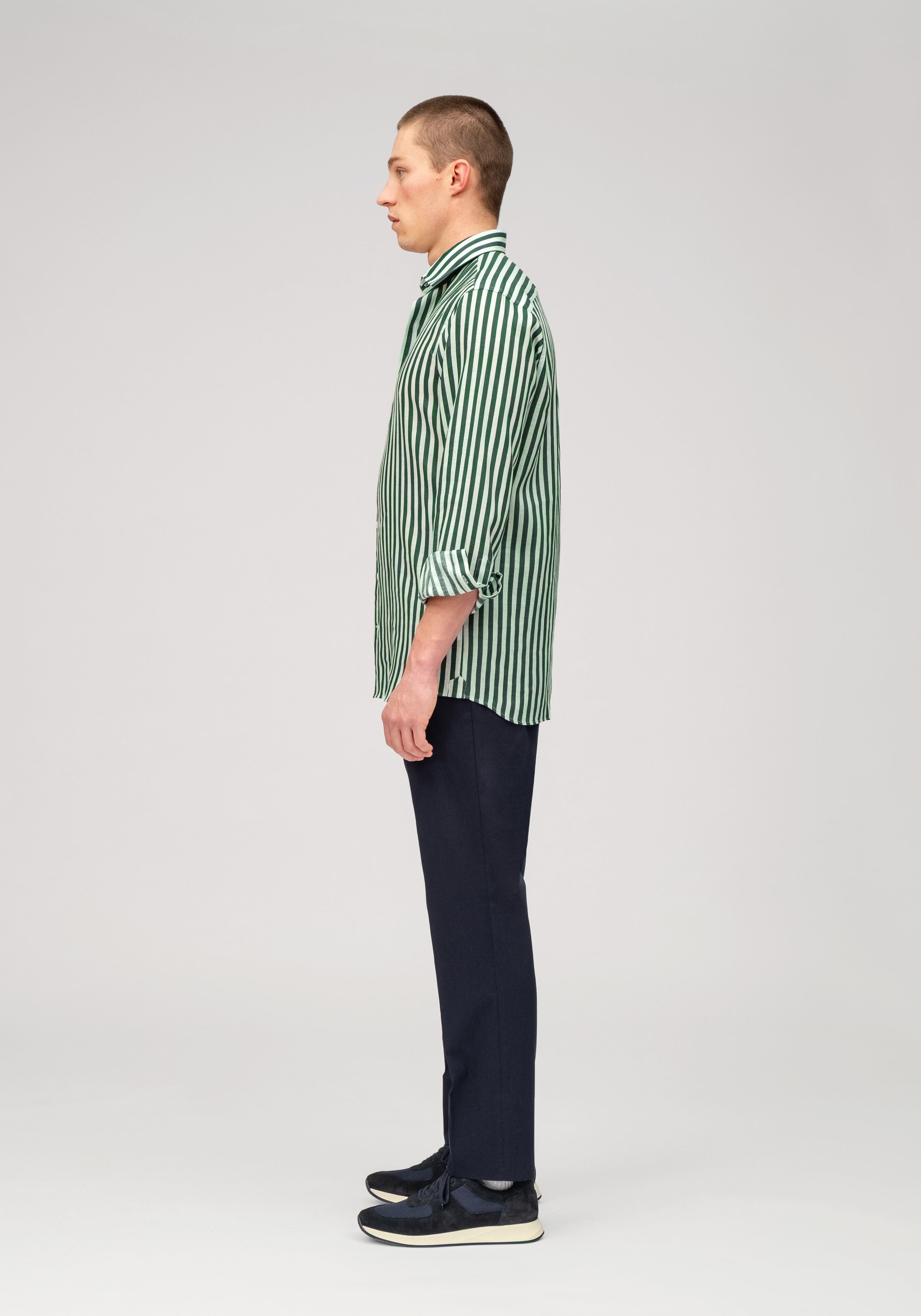 Linen Block Stripe Shirt - Green & White
