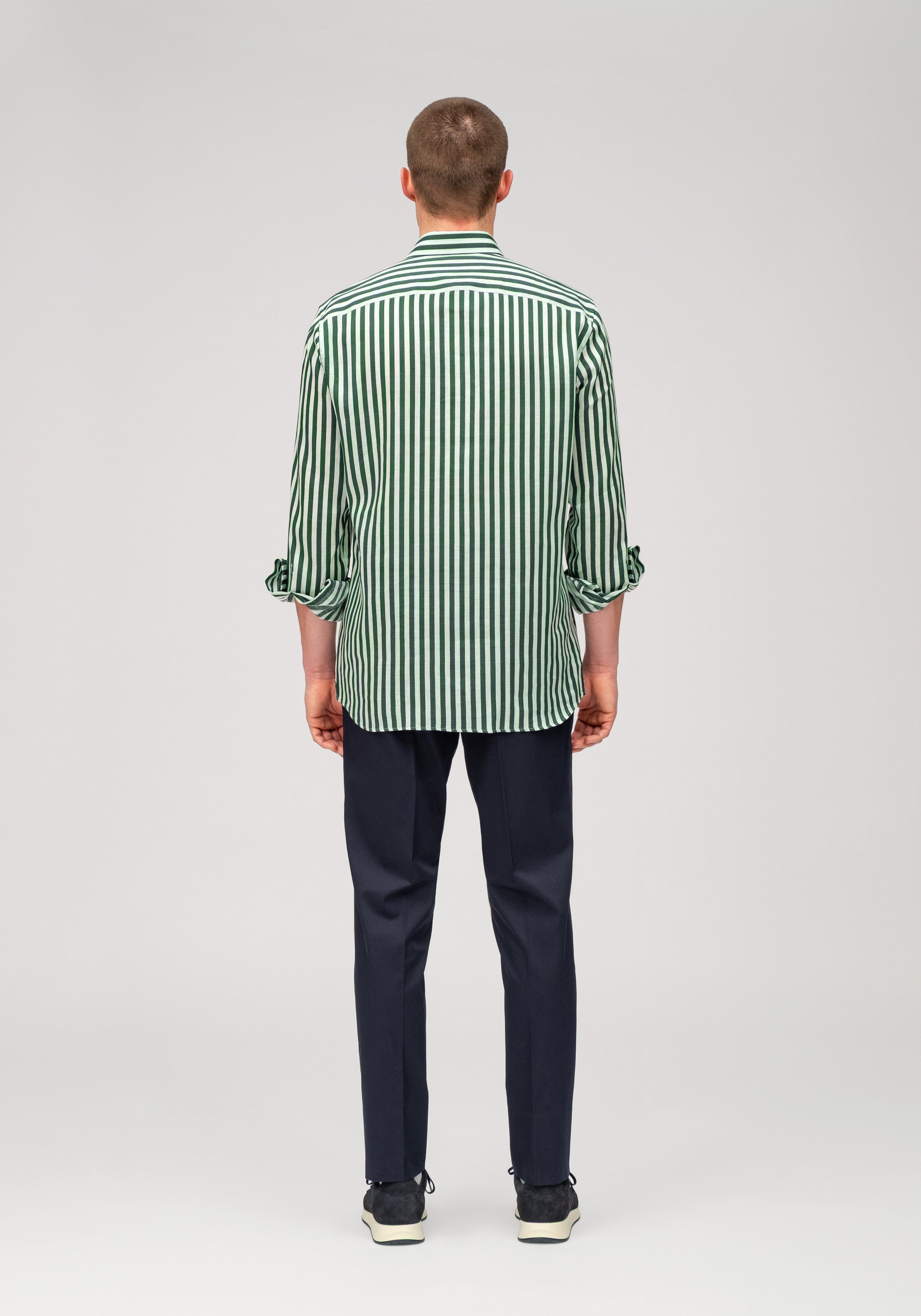 Linen Block Stripe Shirt - Green & White