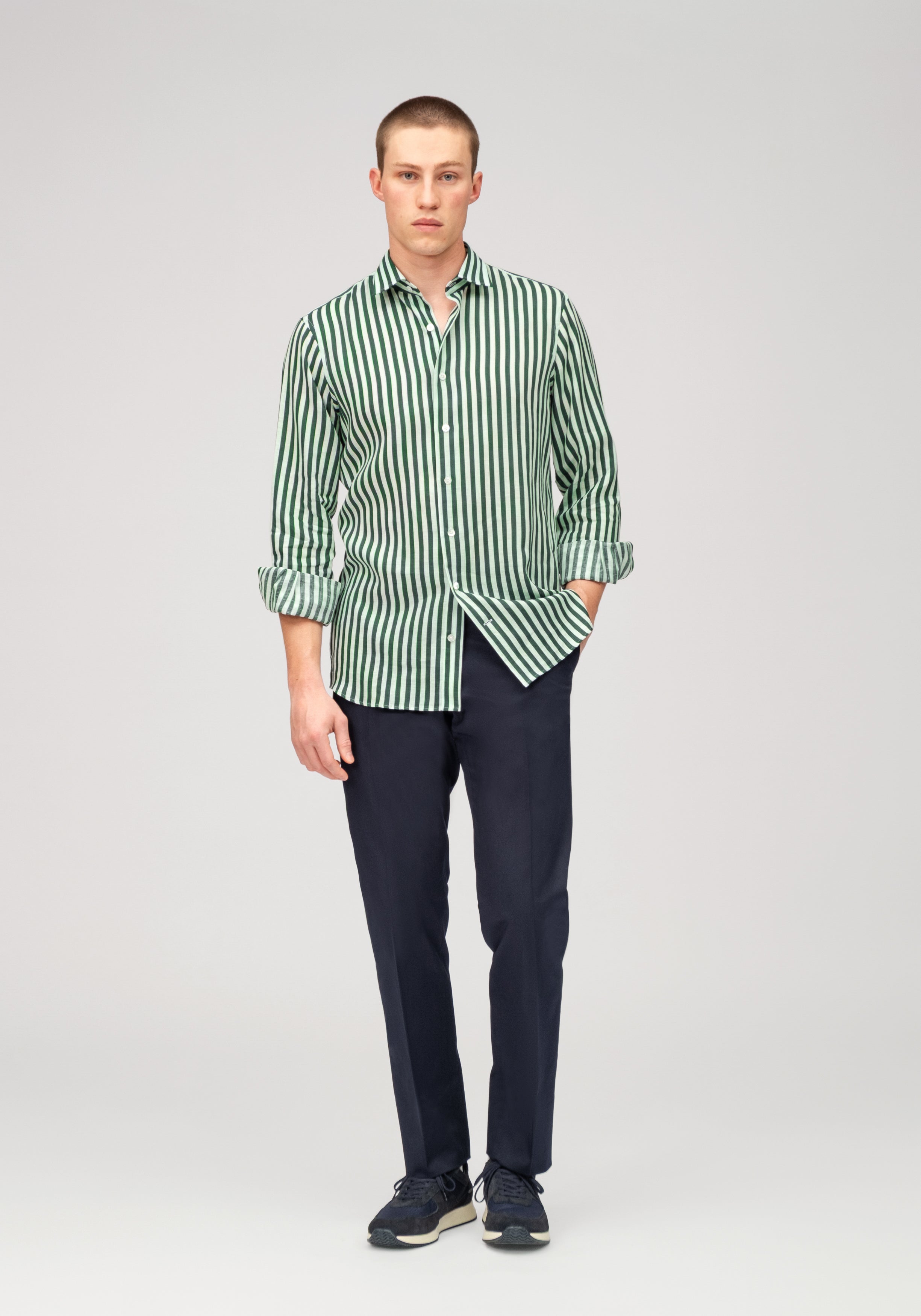 Linen Block Stripe Shirt - Green & White