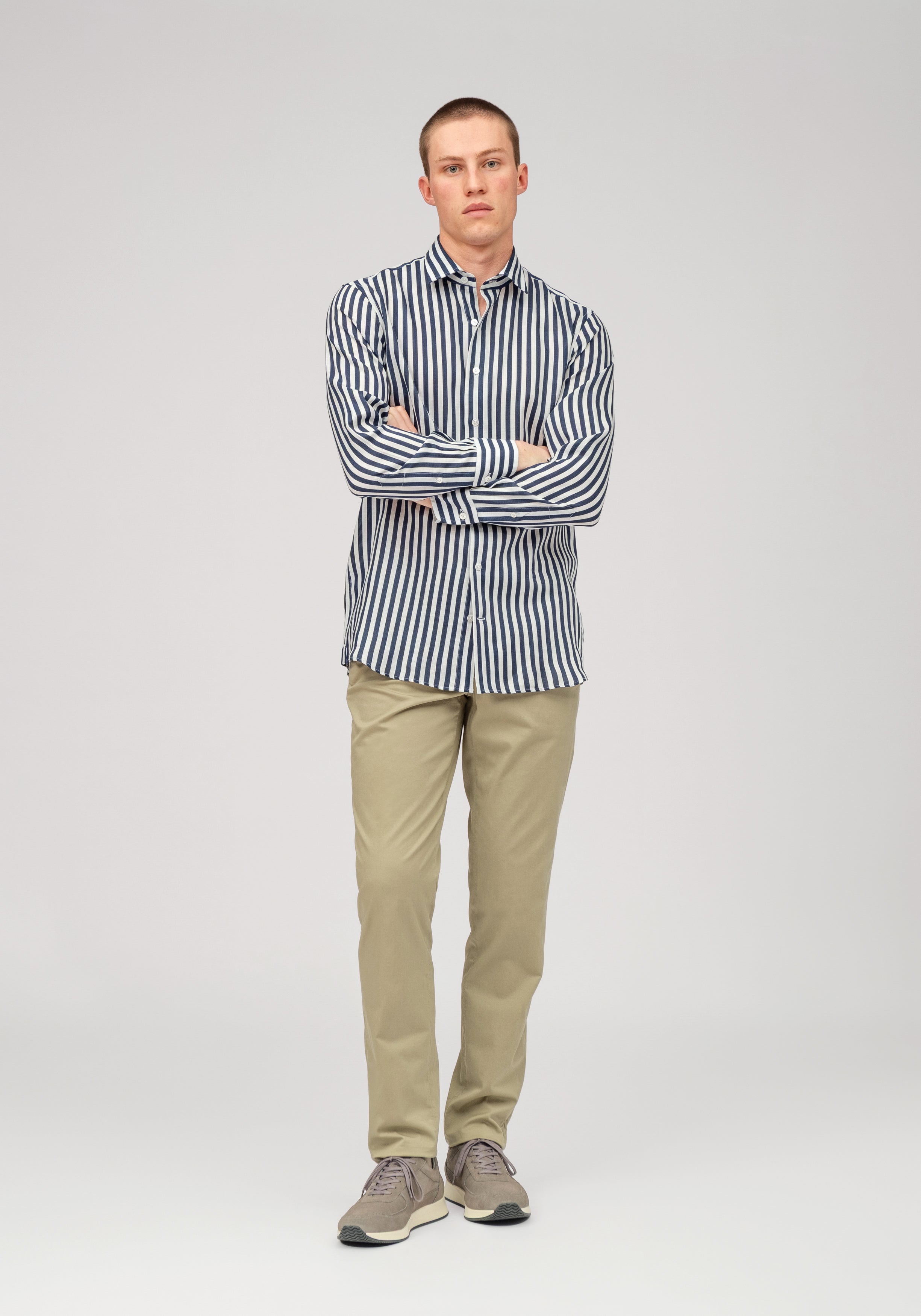 Linen Block Stripe Shirt – Navy & White