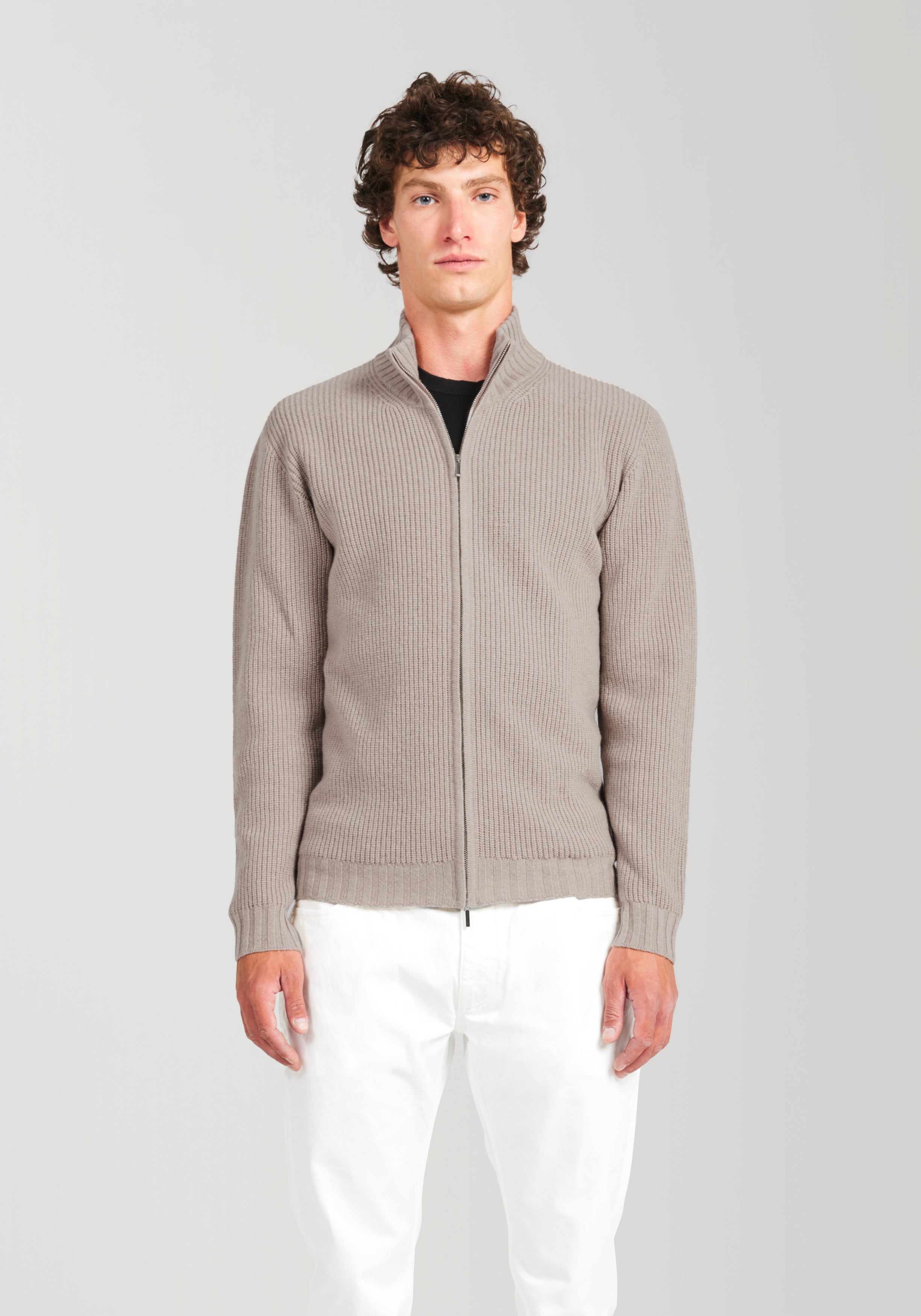 Wool & Cashmere Ribbed Zip Knit Sweater - Beige