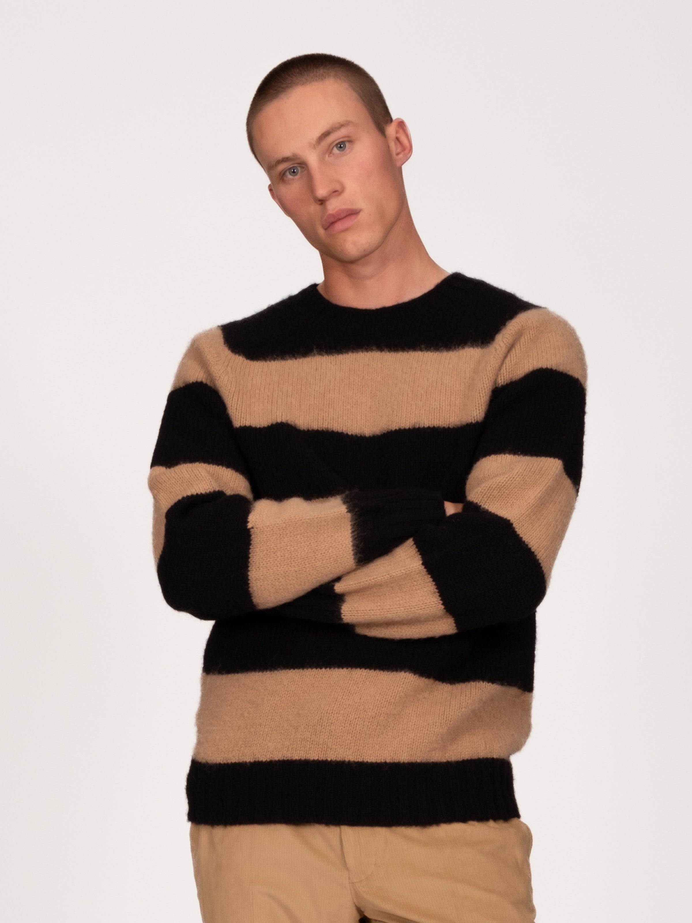 Chunky Striped Crew Neck Sweater - Black & Cashew