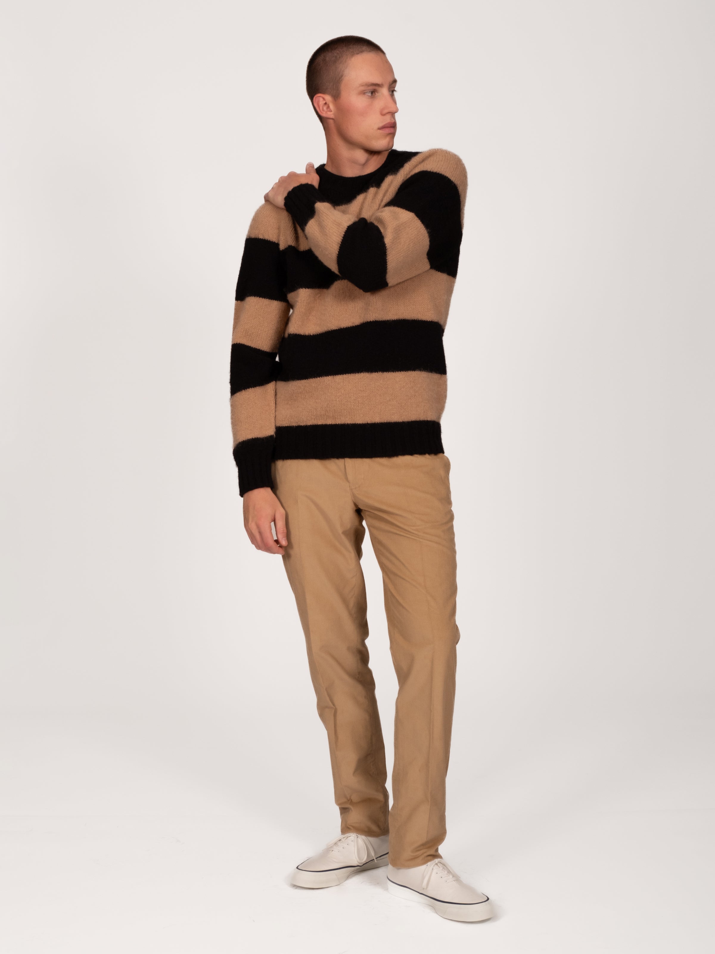 Chunky Striped Crew Neck Sweater - Black & Cashew