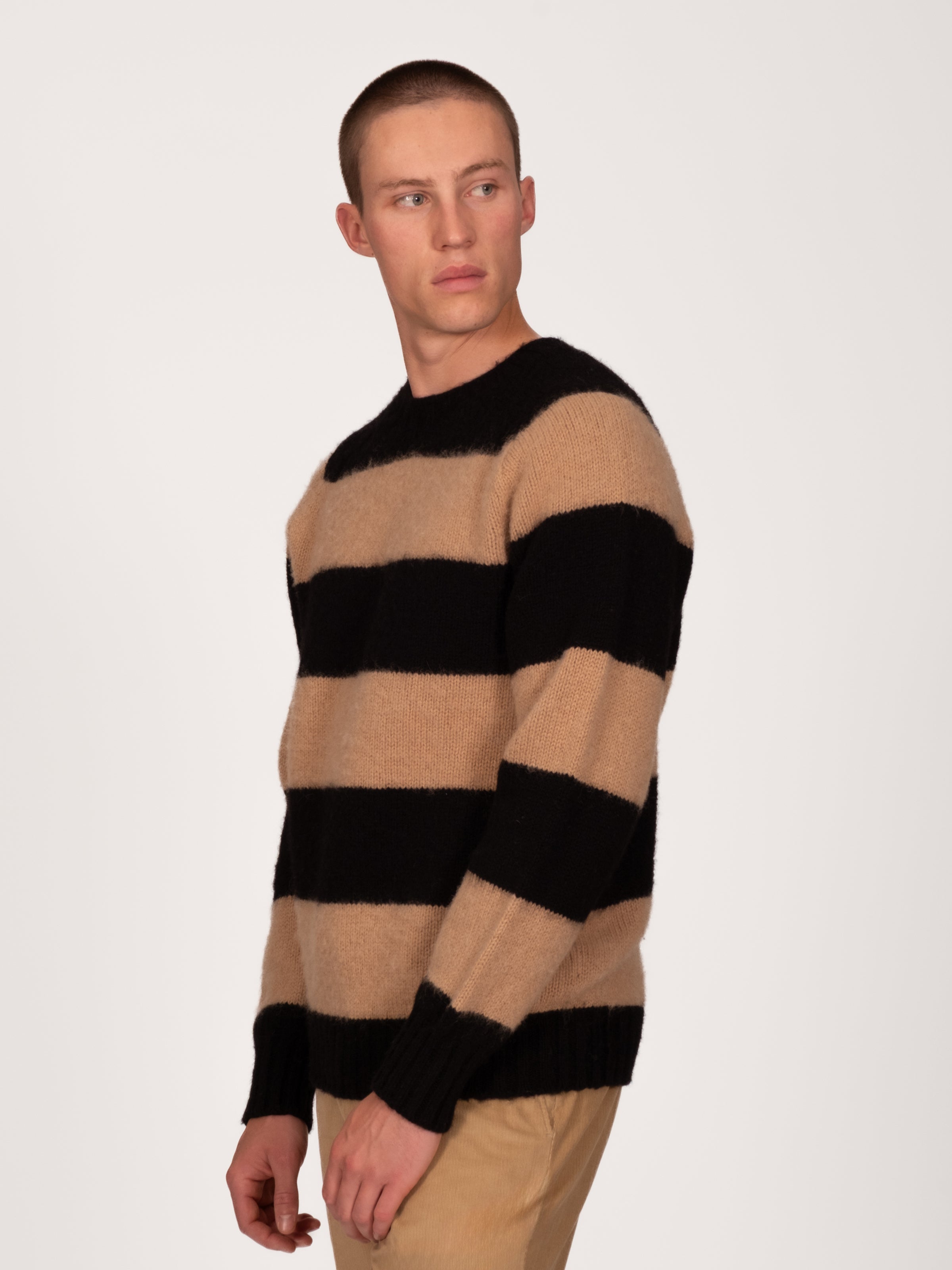 Chunky Striped Crew Neck Sweater - Black & Cashew