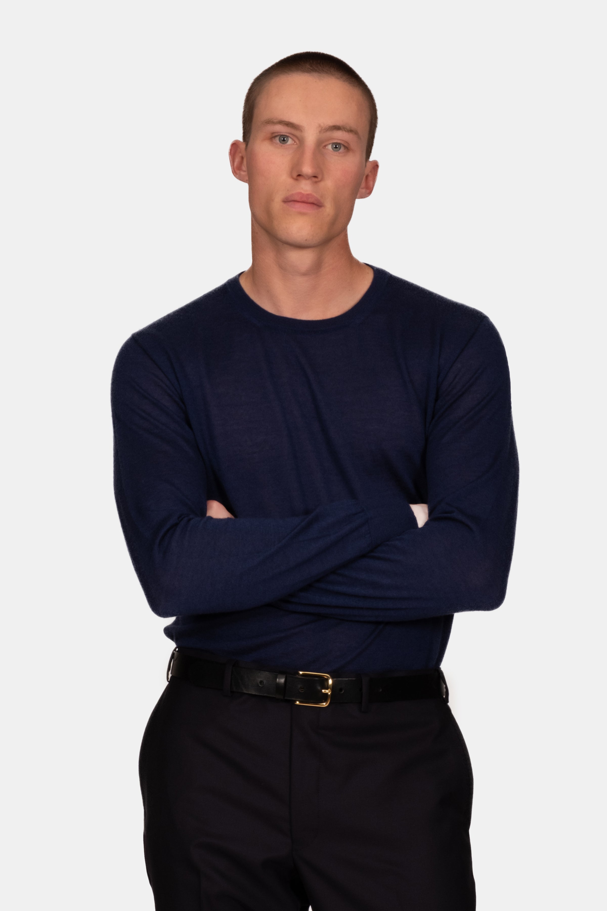 2 Ply Merino Crew Neck Sweater - Indigo Melange