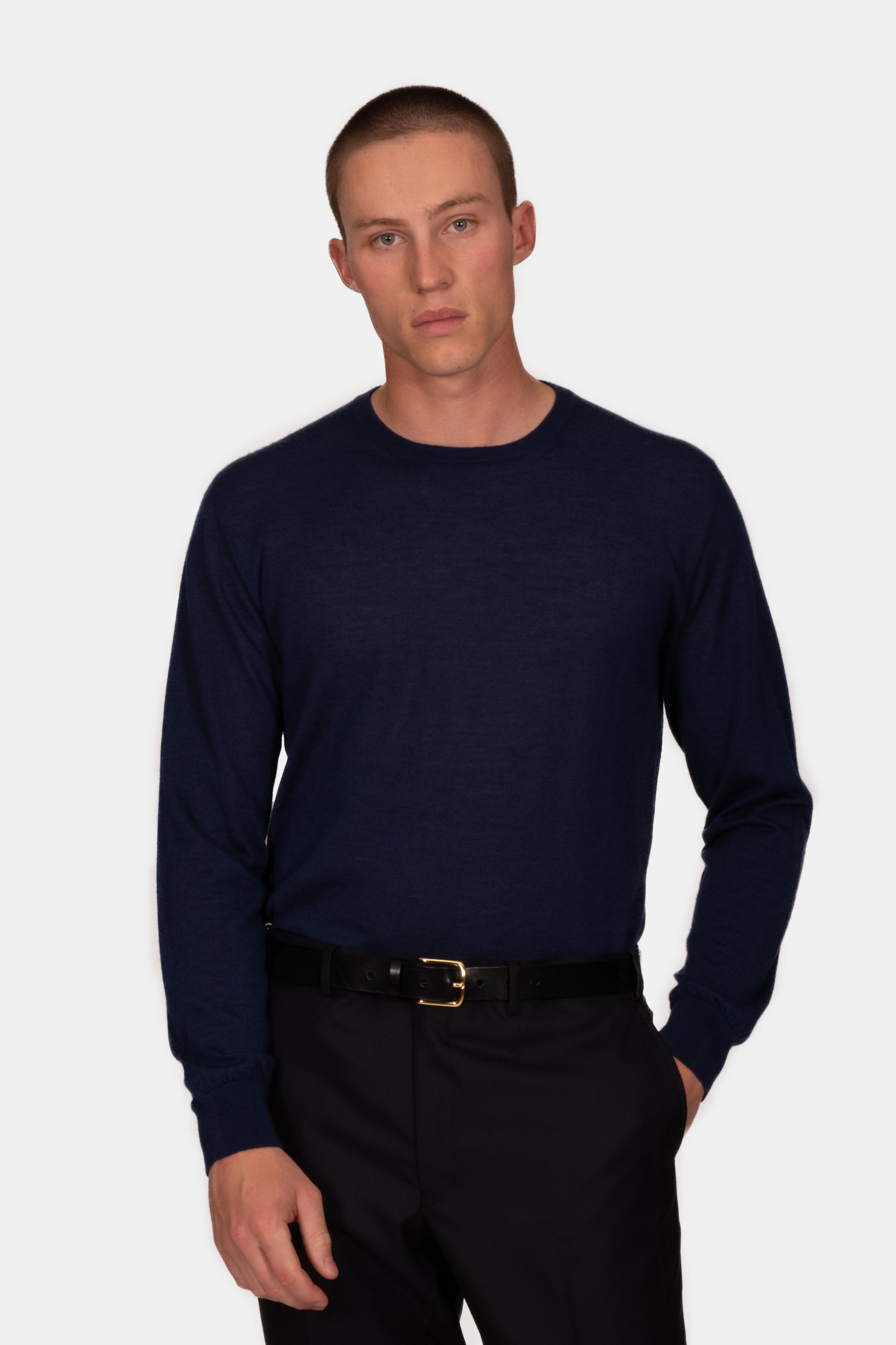 2 Ply Merino Crew Neck Sweater - Indigo Melange