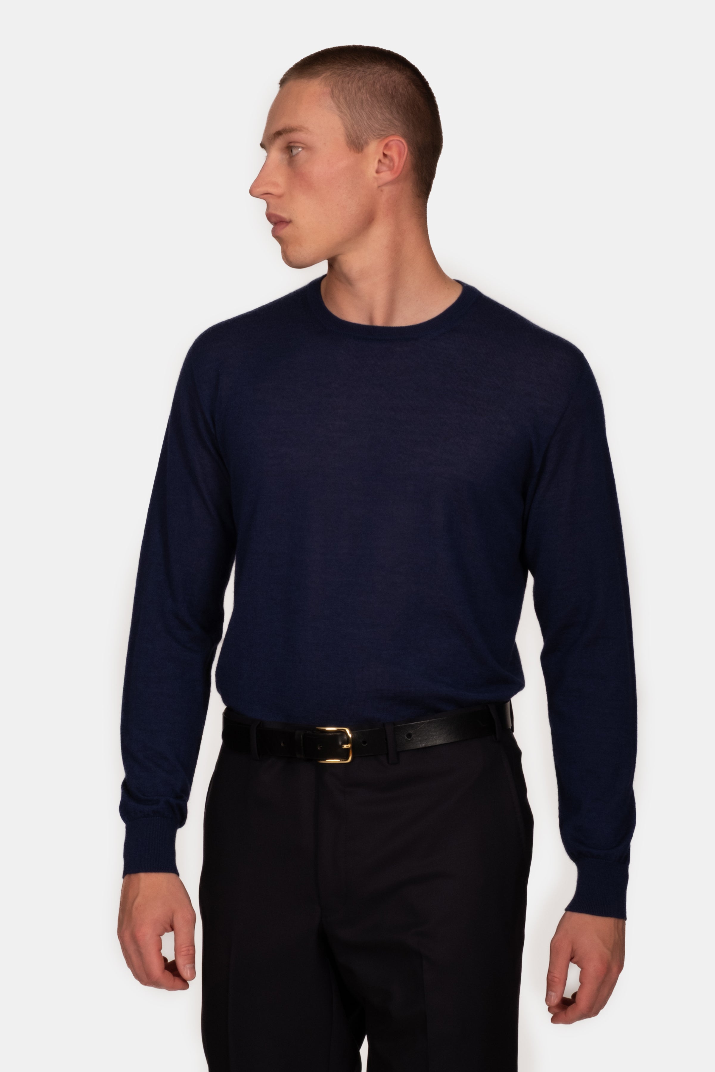 2 Ply Merino Crew Neck Sweater - Indigo Melange