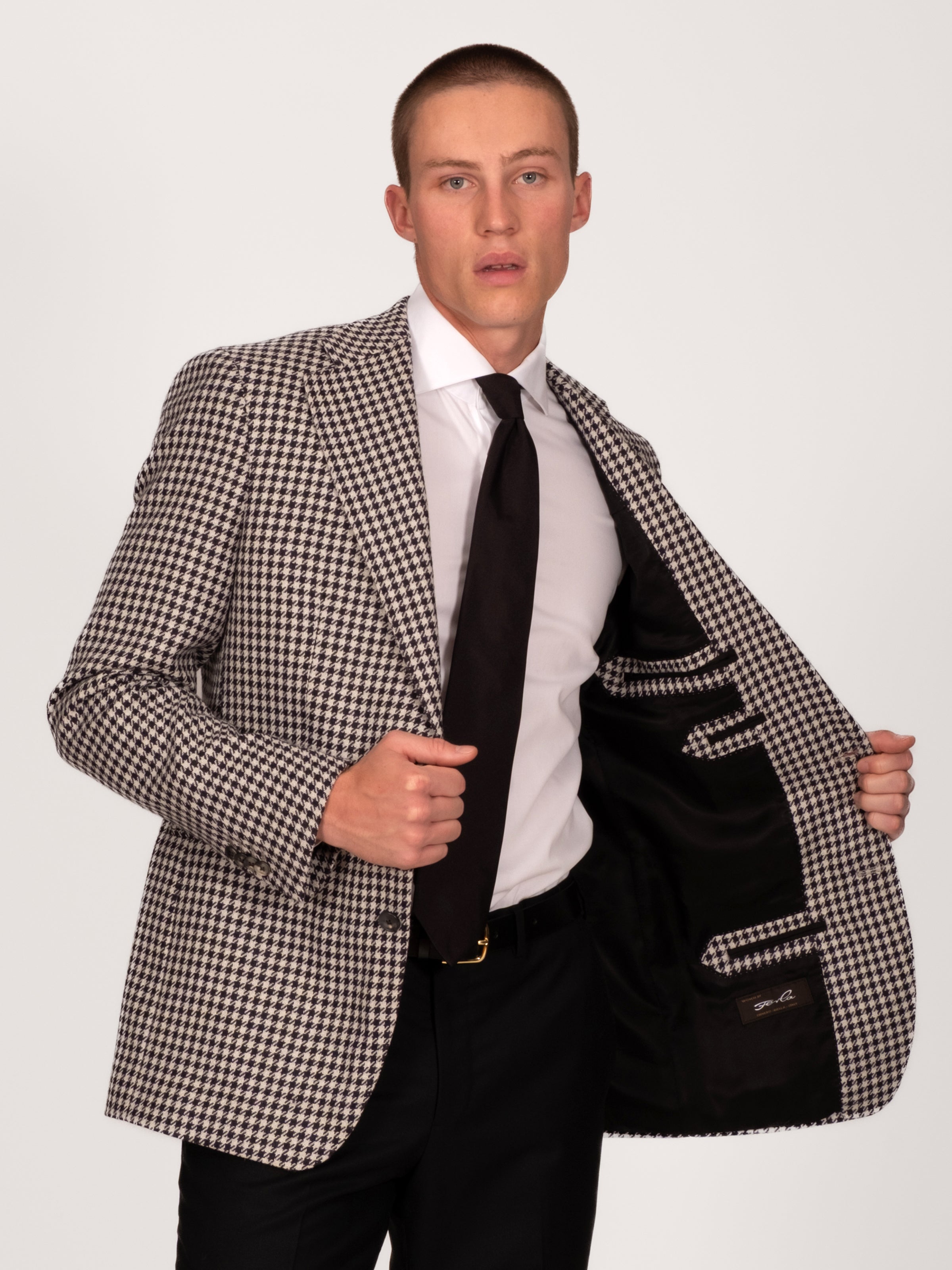 Wool Alpaca Silk Houndstooth Blazer - Midnight Off White