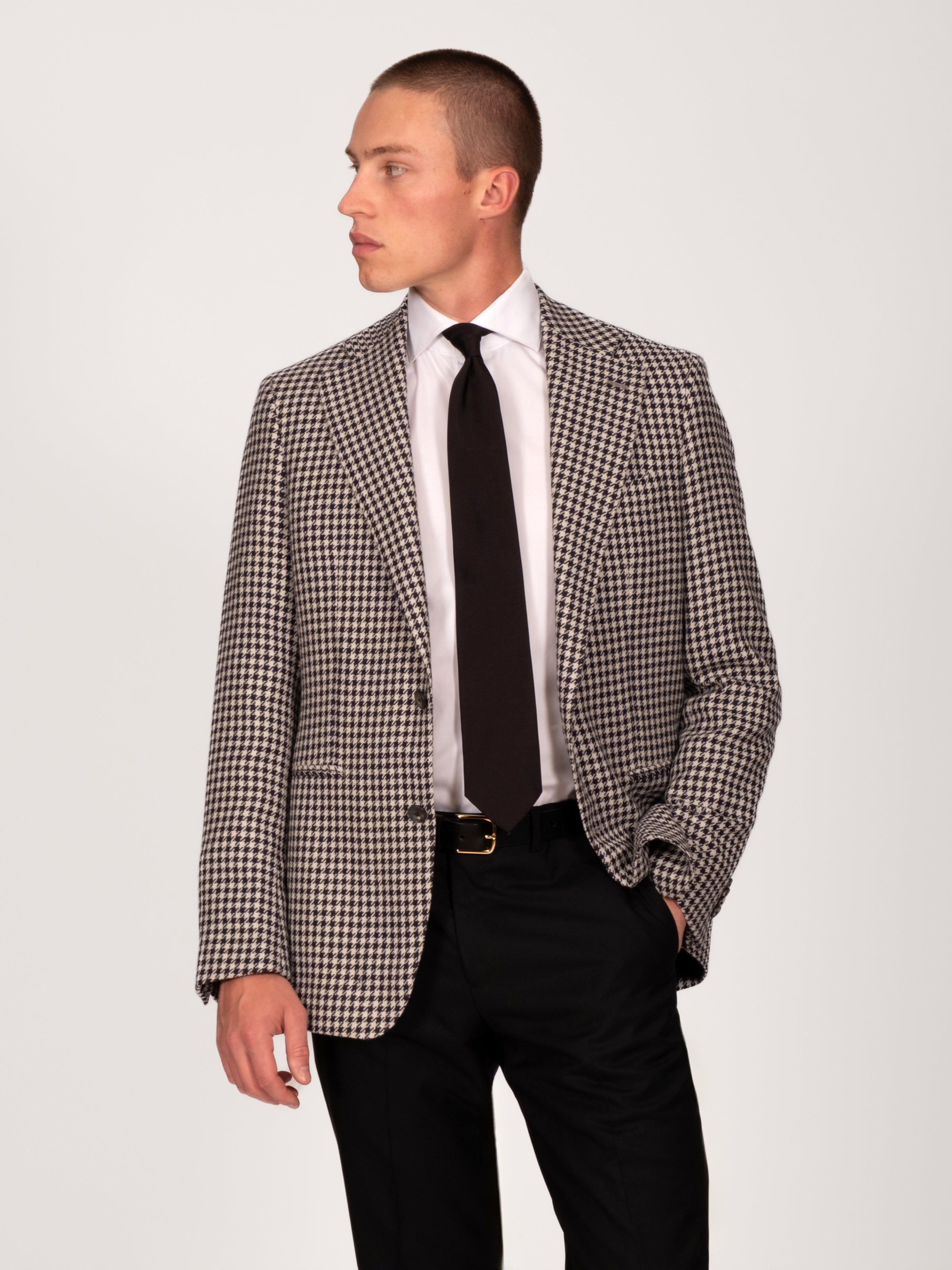 Wool Alpaca Silk Houndstooth Blazer - Midnight Off White