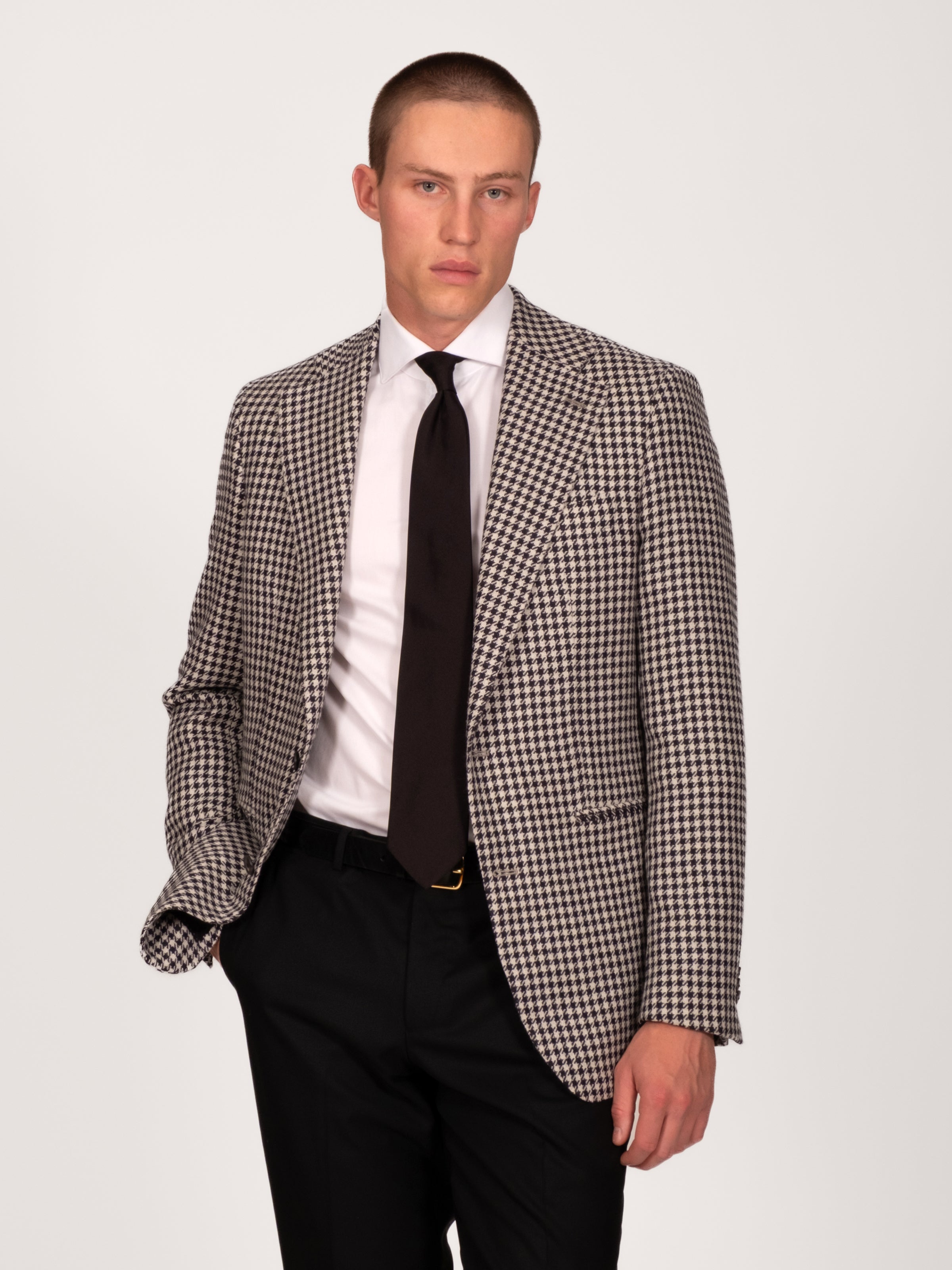 Wool Alpaca Silk Houndstooth Blazer - Midnight Off White