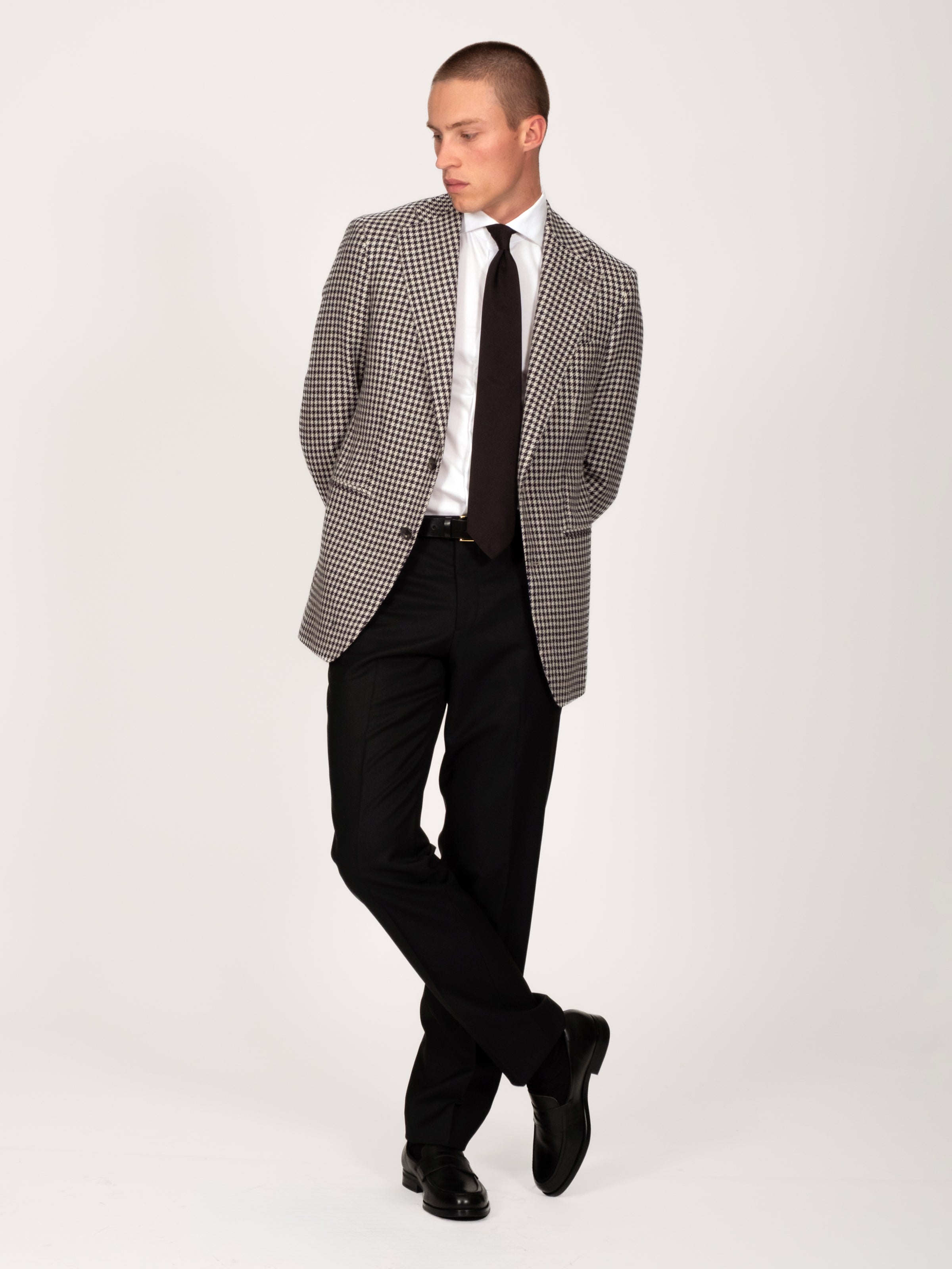 Wool Alpaca Silk Houndstooth Blazer - Midnight Off White