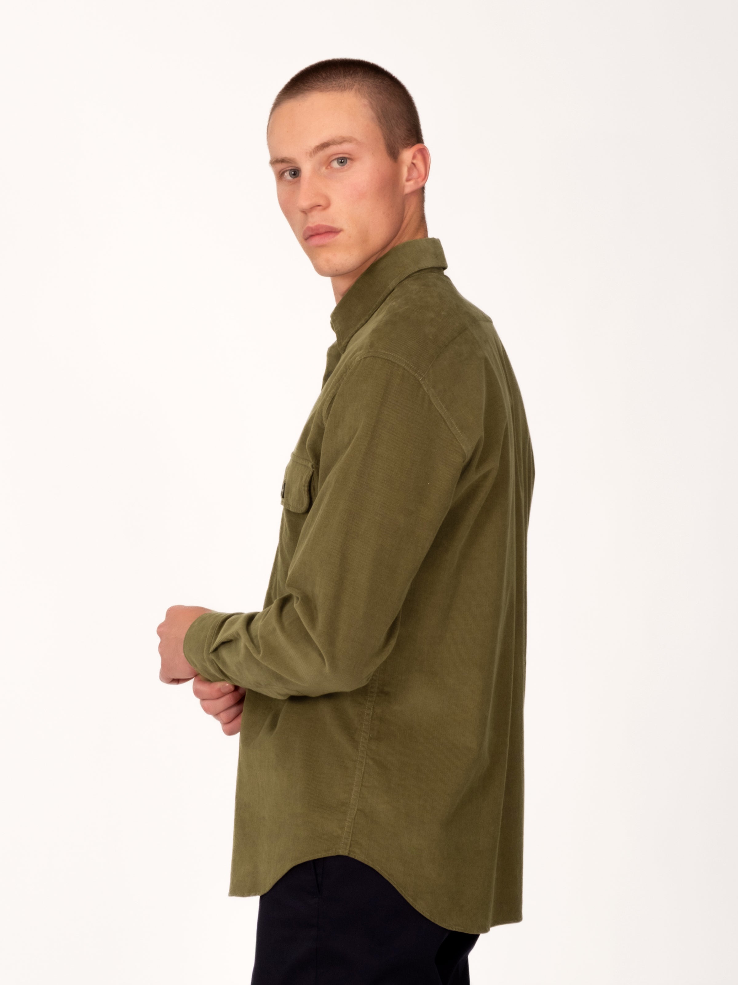 Cotton Corduroy Double Pocket Overshirt - Olive