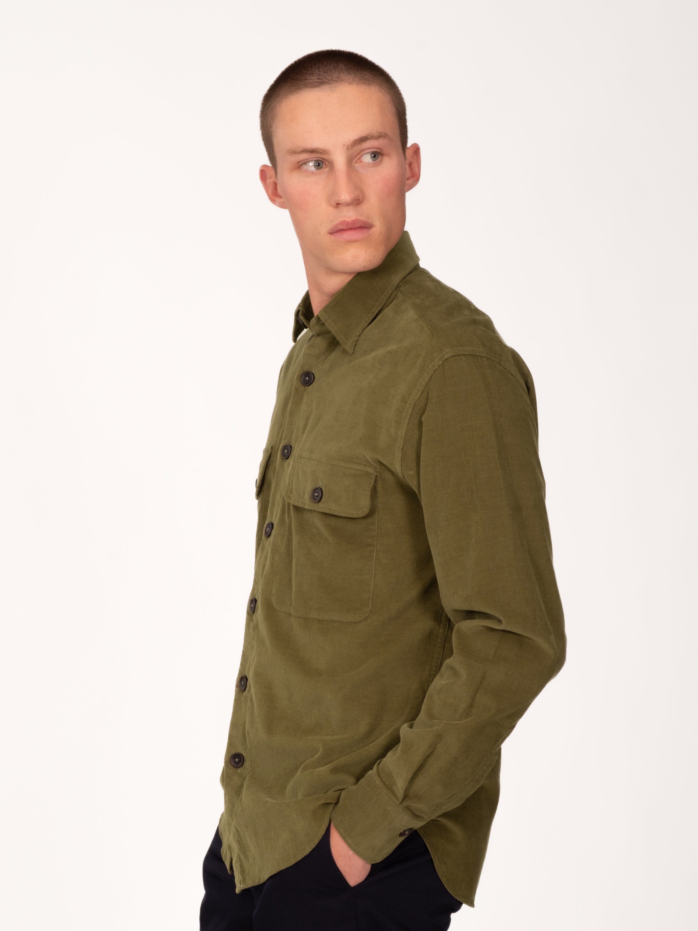 Cotton Corduroy Double Pocket Overshirt - Olive