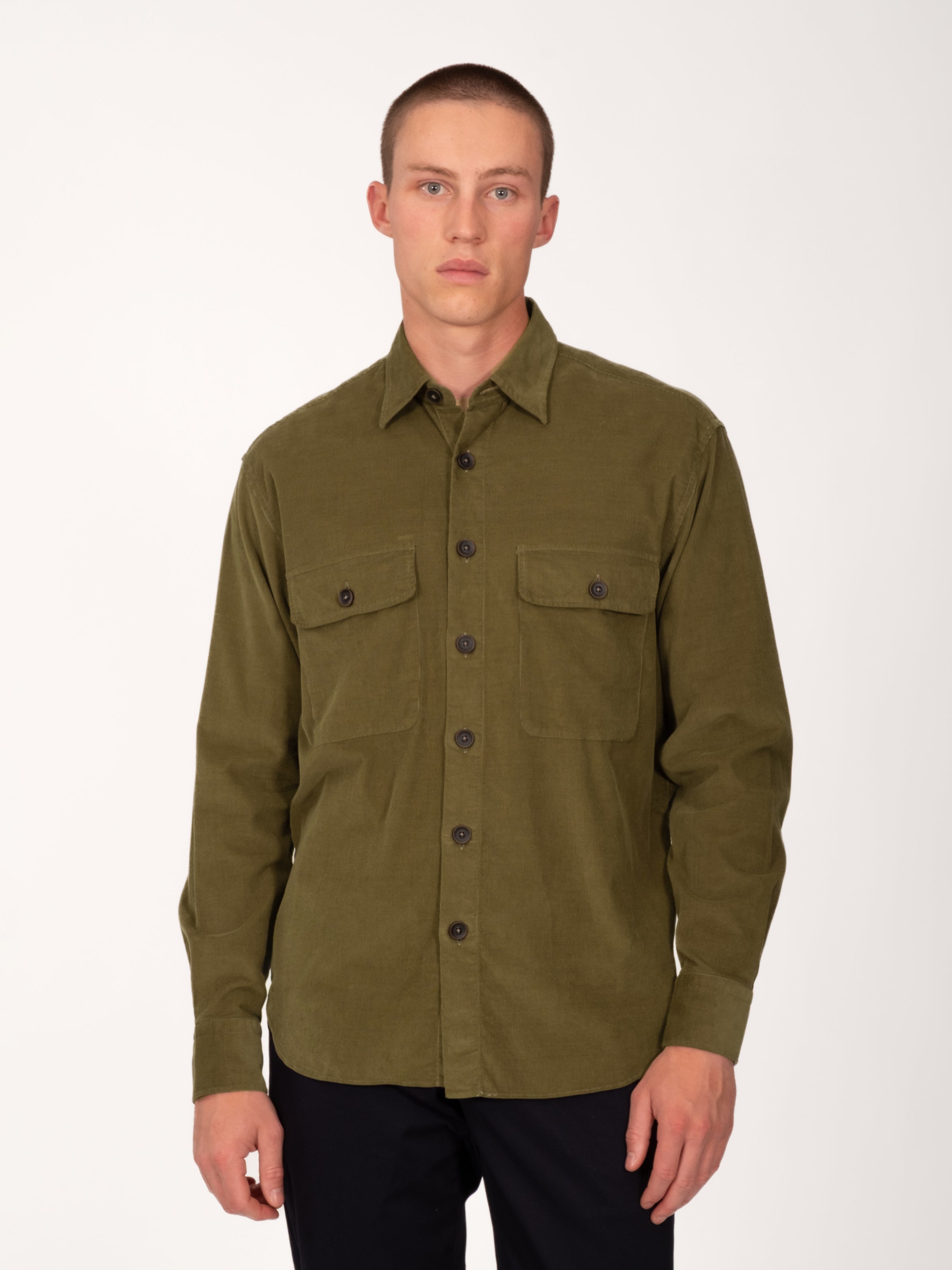 Cotton Corduroy Double Pocket Overshirt - Olive