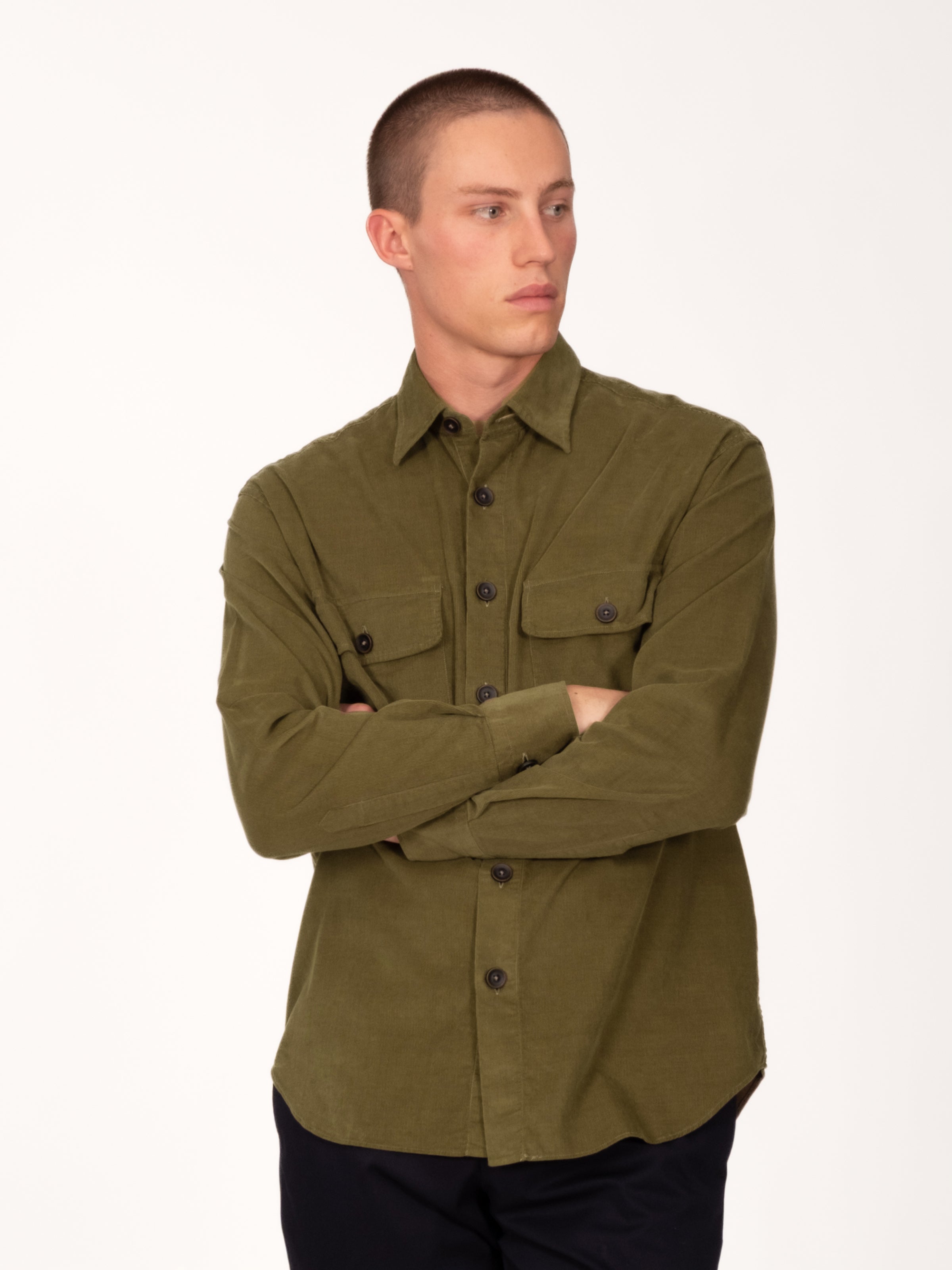 Cotton Corduroy Double Pocket Overshirt - Olive