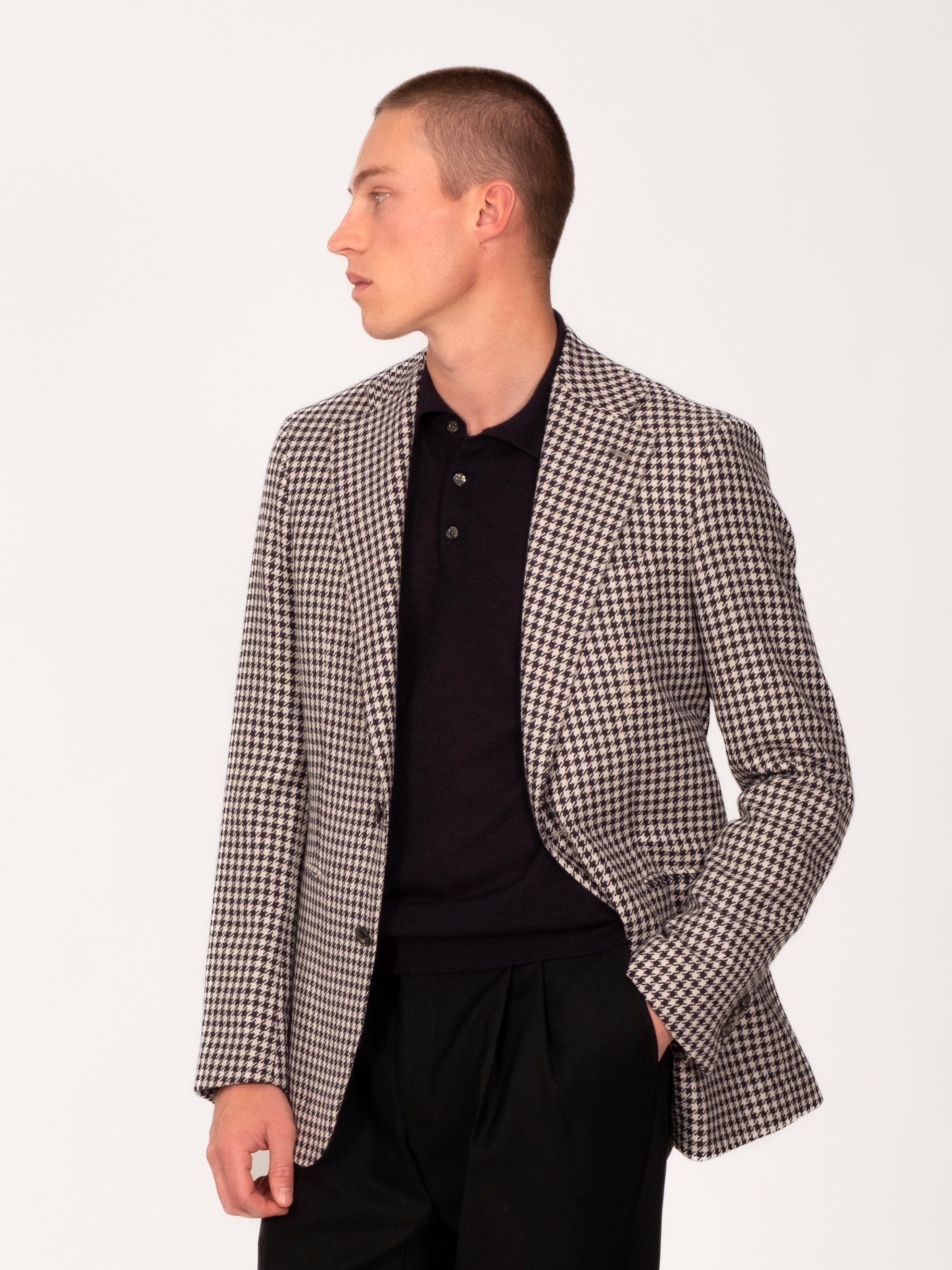 Wool Alpaca Silk Houndstooth Blazer - Midnight Off White