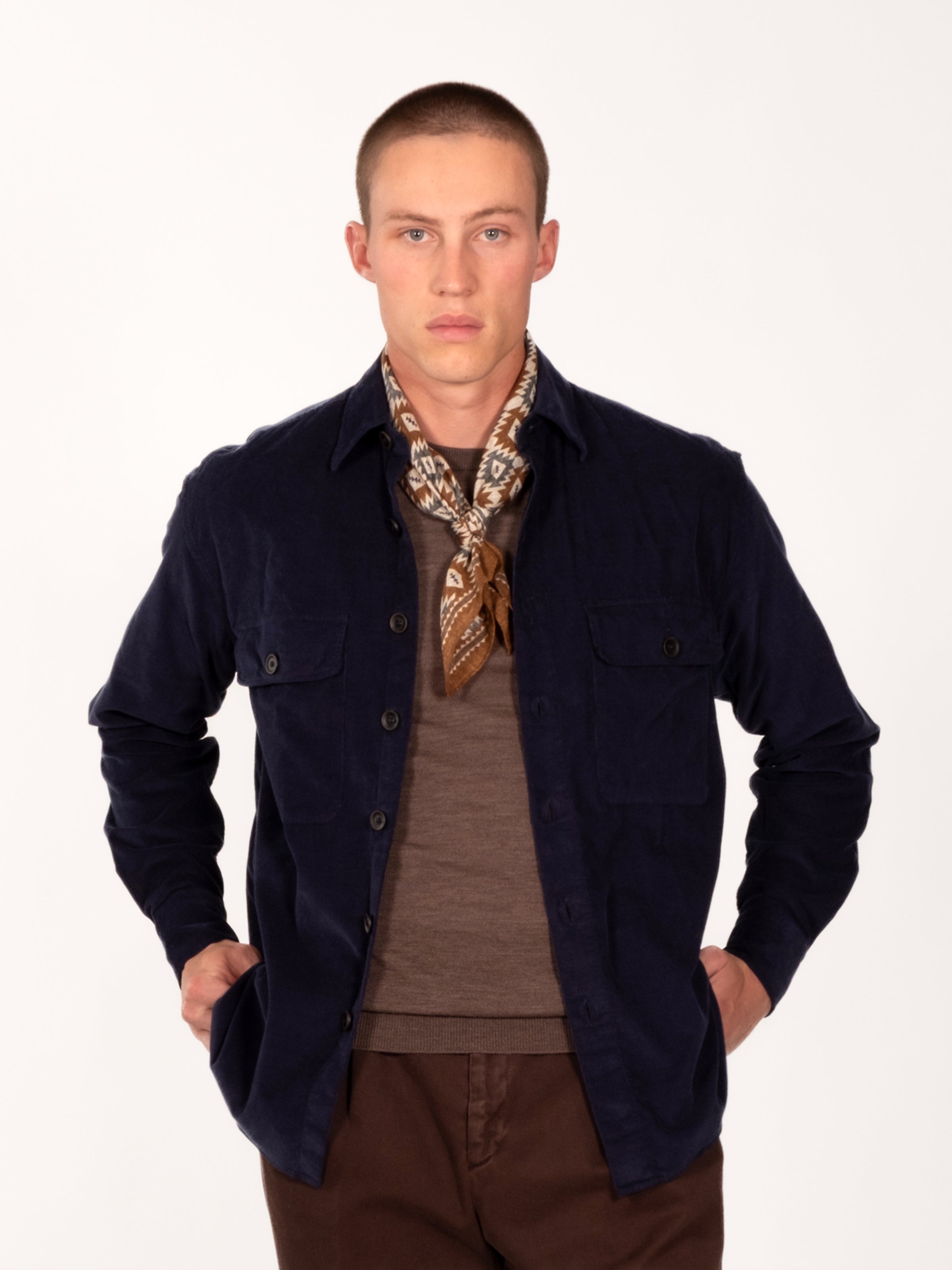 Cotton Corduroy Double Pocket Overshirt - Navy