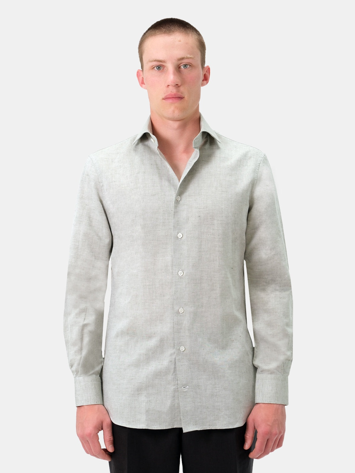 Cotton Linen Blend Cutaway Collar Shirt - Olive Chambray  Lucky Last
