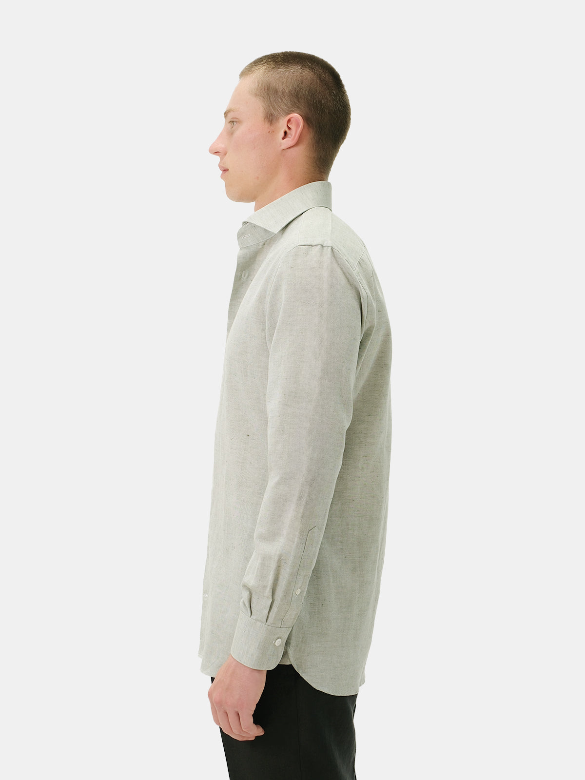 Cotton Linen Blend Cutaway Collar Shirt - Olive Chambray  Lucky Last