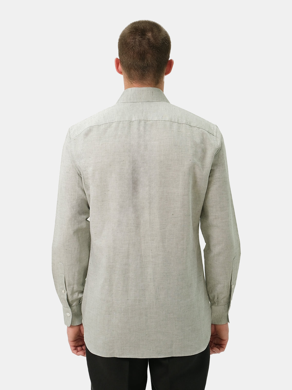 Cotton Linen Blend Cutaway Collar Shirt - Olive Chambray  Lucky Last
