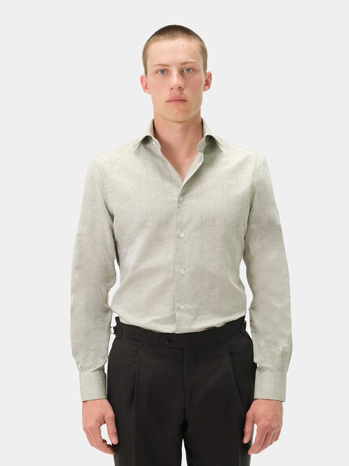 Cotton Linen Blend Cutaway Collar Shirt - Olive Chambray  Lucky Last