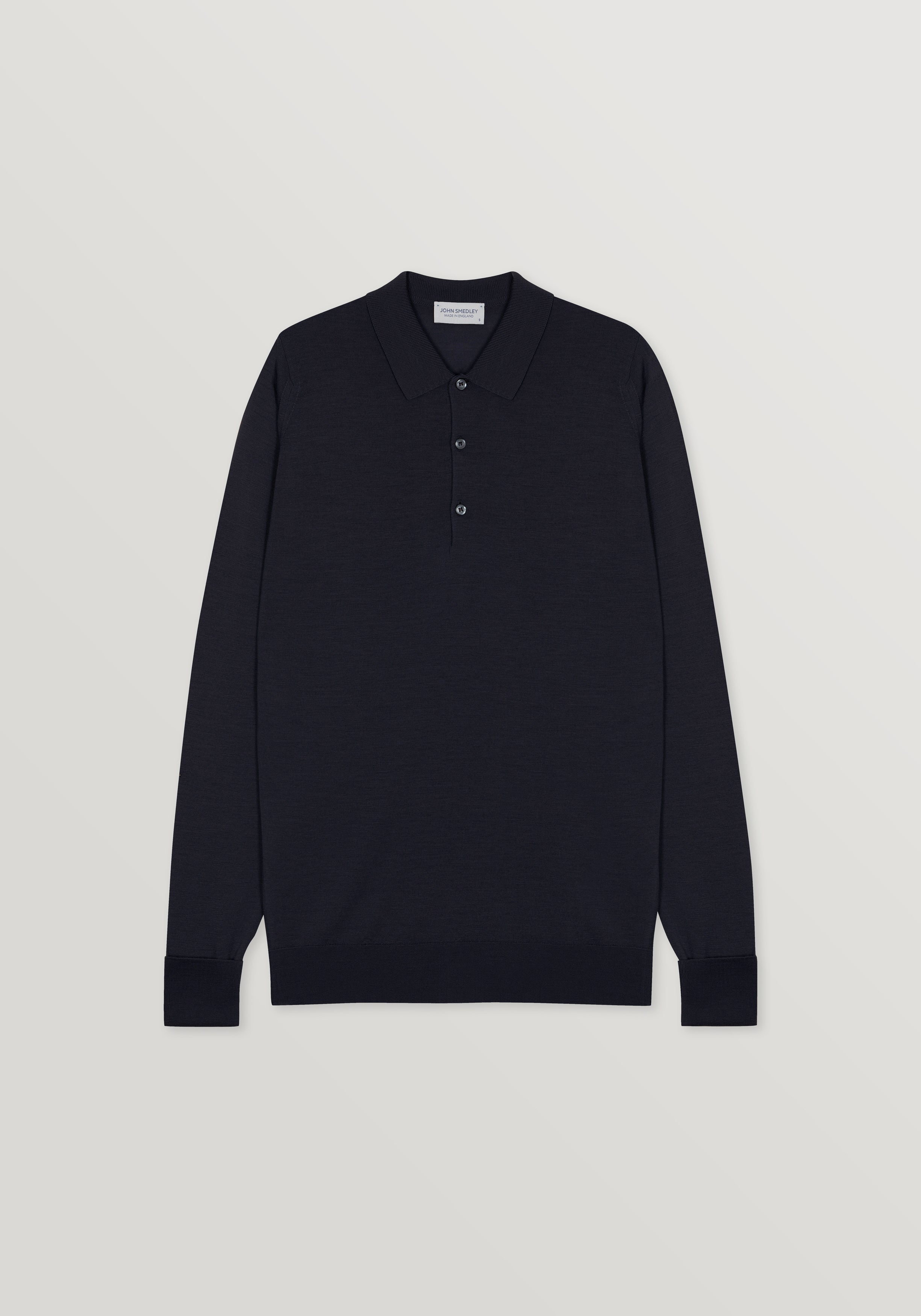 Black long-sleeve polo shirt on a light gray background