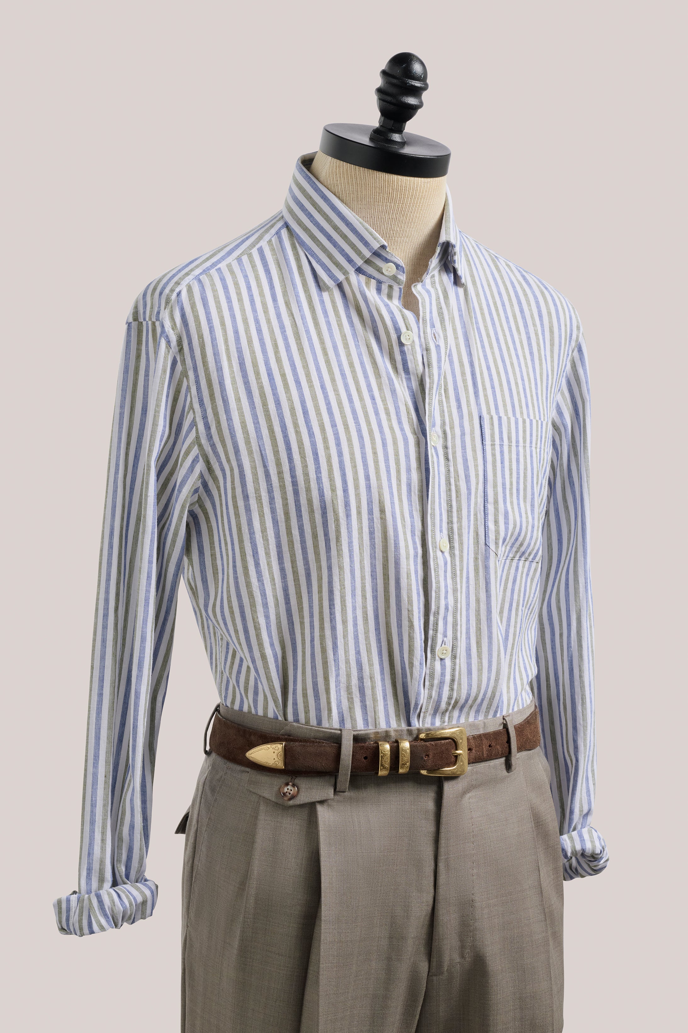 Christian Kimber Cotton Linen Holiday Shirt - Blue and Olive Stripe | 
