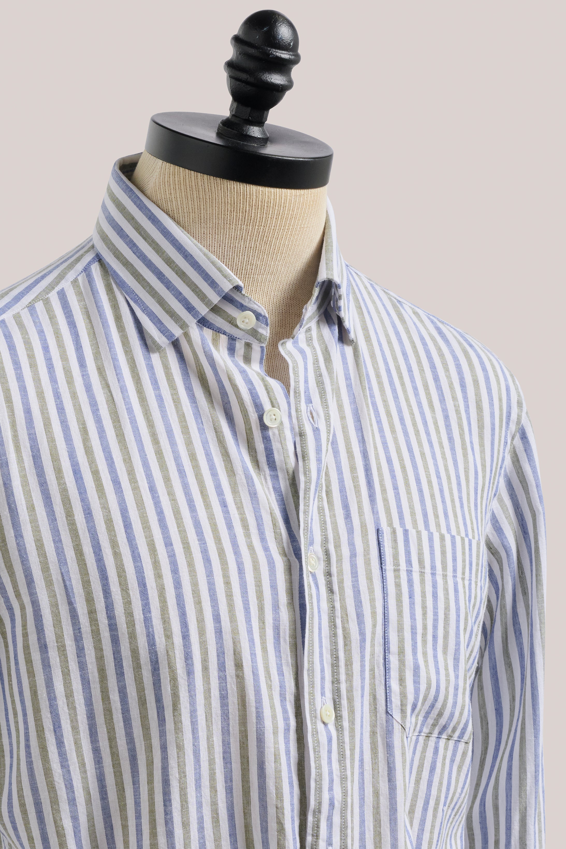 Christian Kimber Cotton Linen Holiday Shirt - Blue and Olive Stripe | 