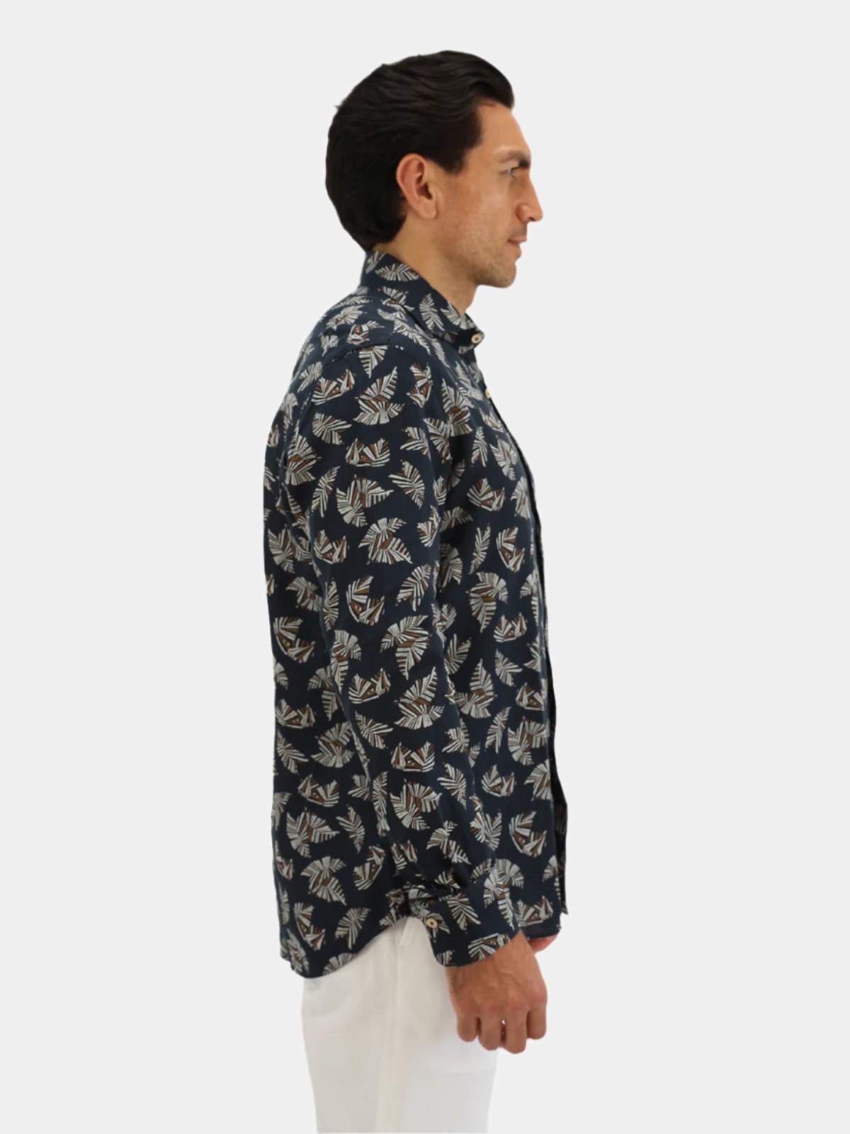 Printed Linen Spread Collar Shirt - Navy Abstract Leaf