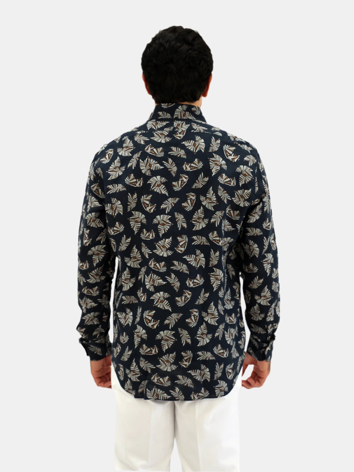 Printed Linen Spread Collar Shirt - Navy Abstract Leaf