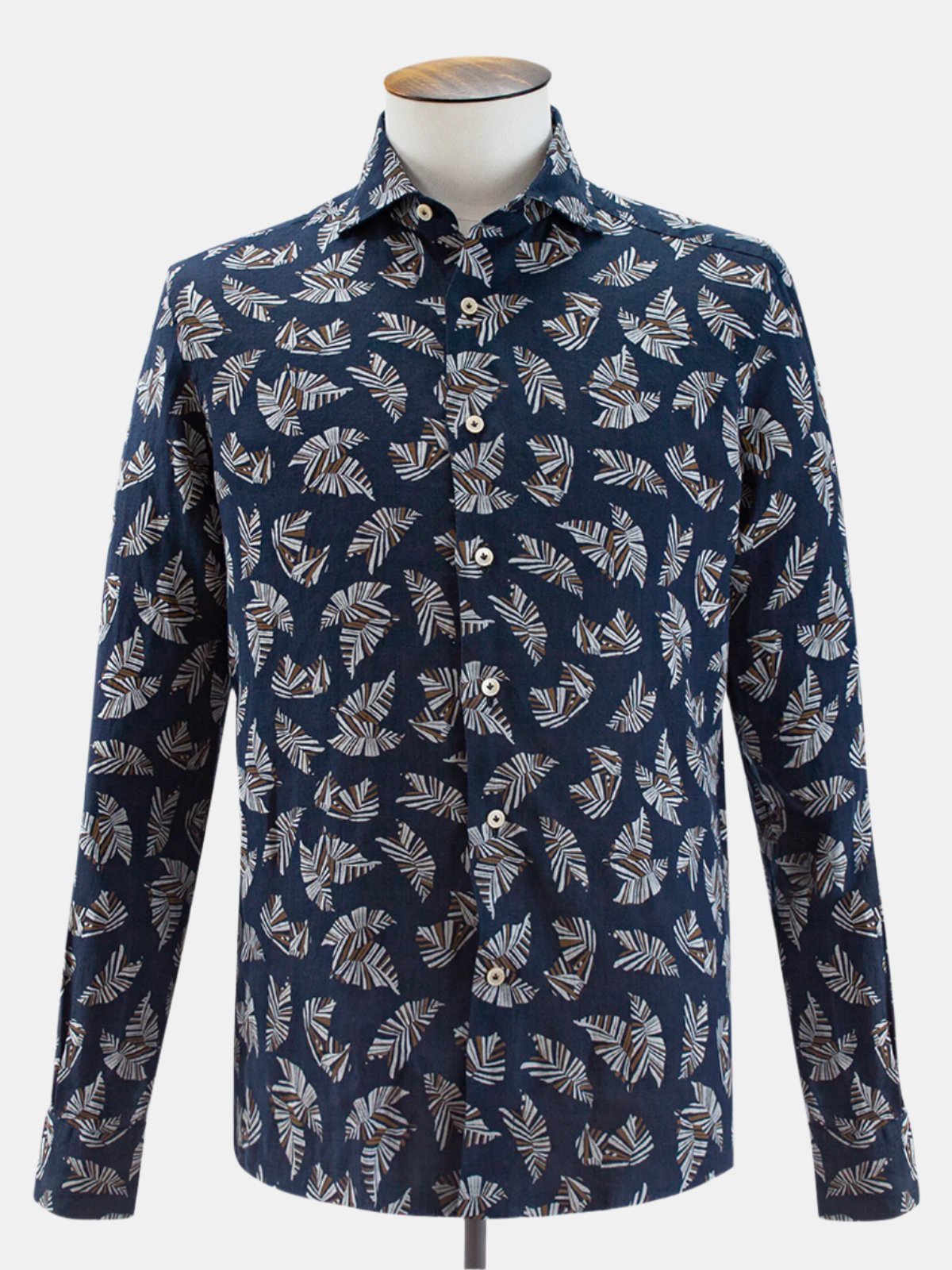 Printed Linen Spread Collar Shirt - Navy Abstract Leaf