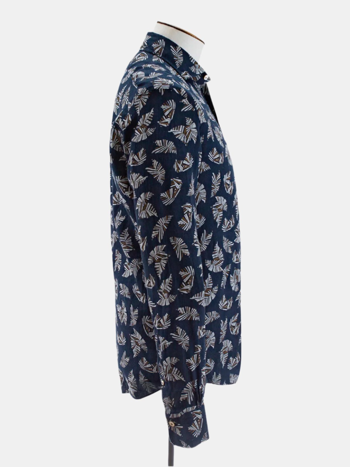 Printed Linen Spread Collar Shirt - Navy Abstract Leaf