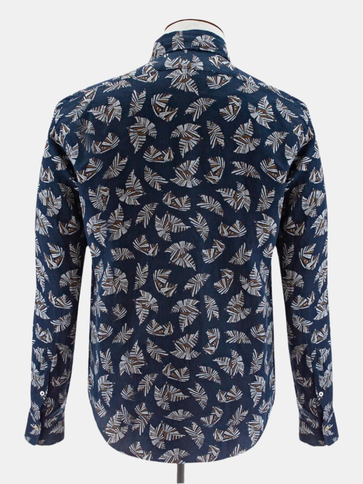 Printed Linen Spread Collar Shirt - Navy Abstract Leaf