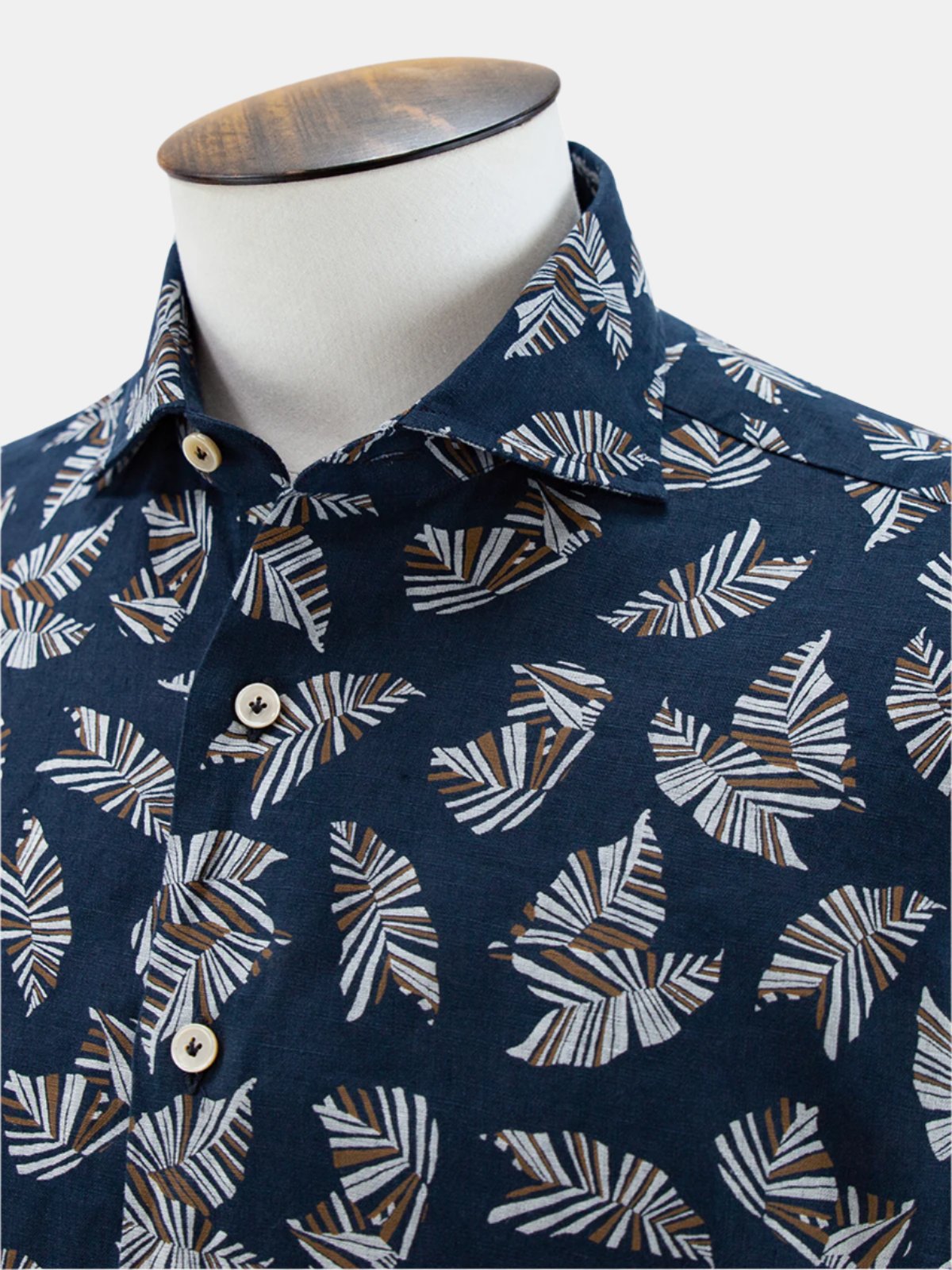 Printed Linen Spread Collar Shirt - Navy Abstract Leaf