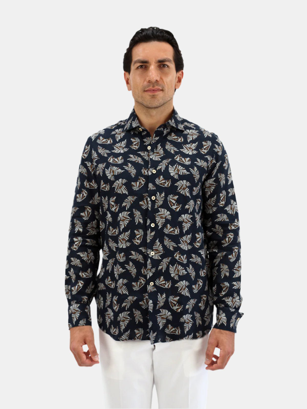 Printed Linen Spread Collar Shirt - Navy Abstract Leaf