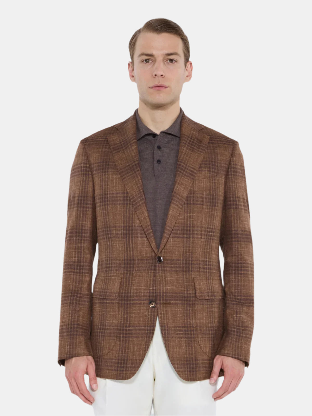 Rust Brown Wool Silk Linen Check Blazer Sample - LUCKY LAST