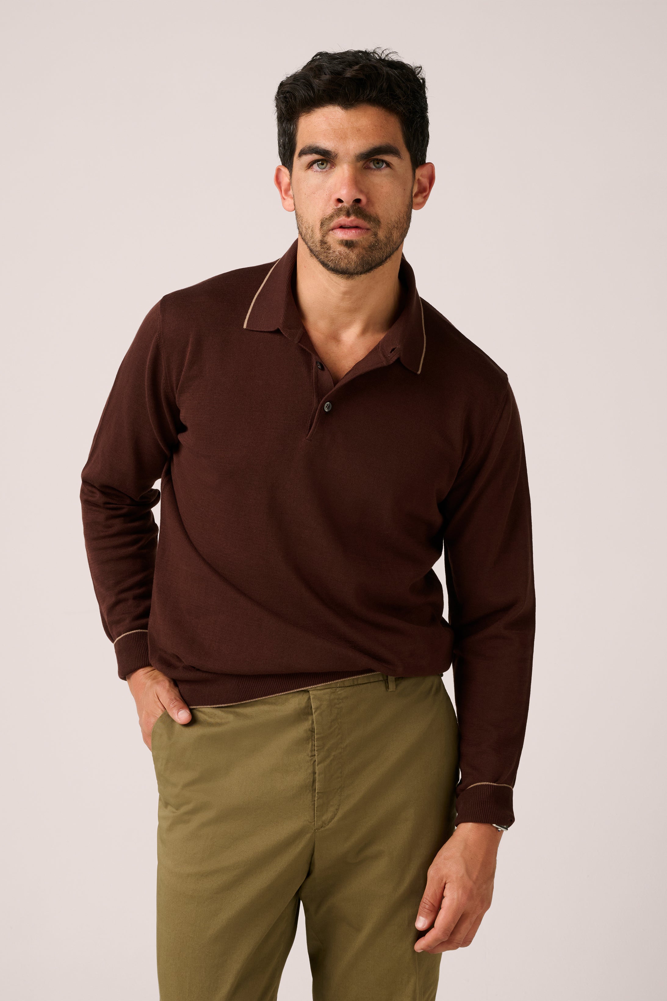 Christian Kimber Rye Paperweight Long Sleeve Polo - Chestnut